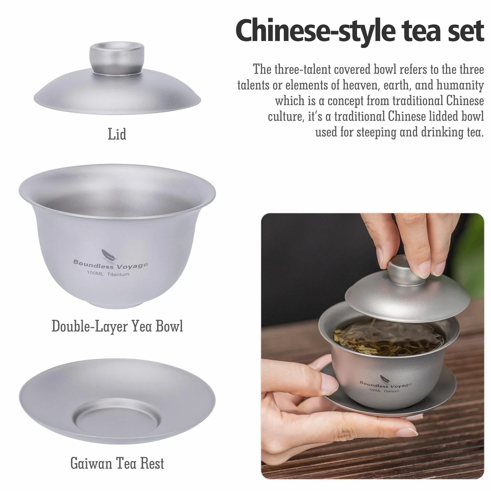 Boundless Voyage Tytanowa Filiżanka do Herbaty z Podwójnymi Ściankami Chiński Tradycyjny Gaiwan Zestaw Ti3143D