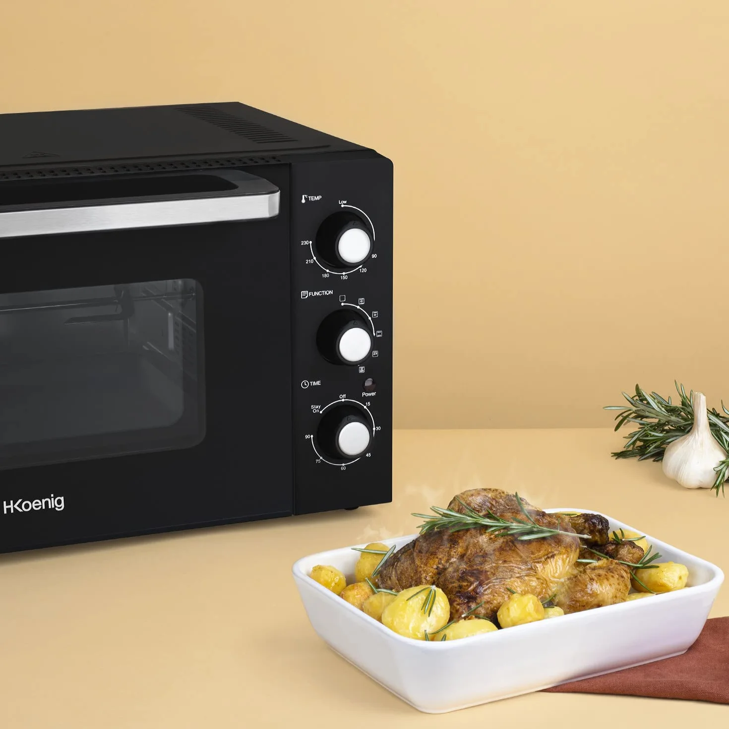 Kompaktowy mini piekarnik FO42 H.Koenig, pojemność 42L, temperatura do 230°C, 5 trybów gotowania, timer do 90 min, ciepło obrotowe/pieczone, z szczypcami, podnośnikiem okruchów i gramofonem, 2000 W