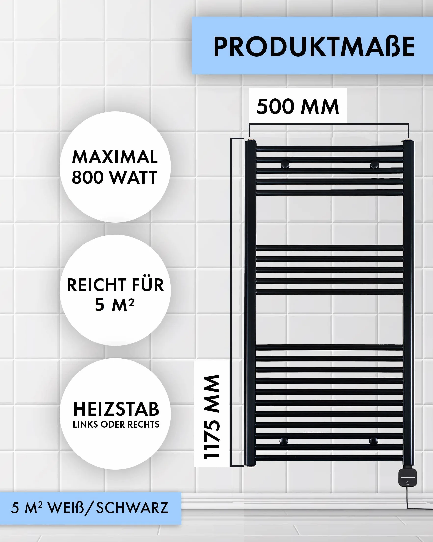 anapont Elektryczny grzejnik łazienkowy 1175 x 500 cm, biały, prosty – funkcja timera – grzejnik na ręczniki – wyprodukowano w Niemczech
