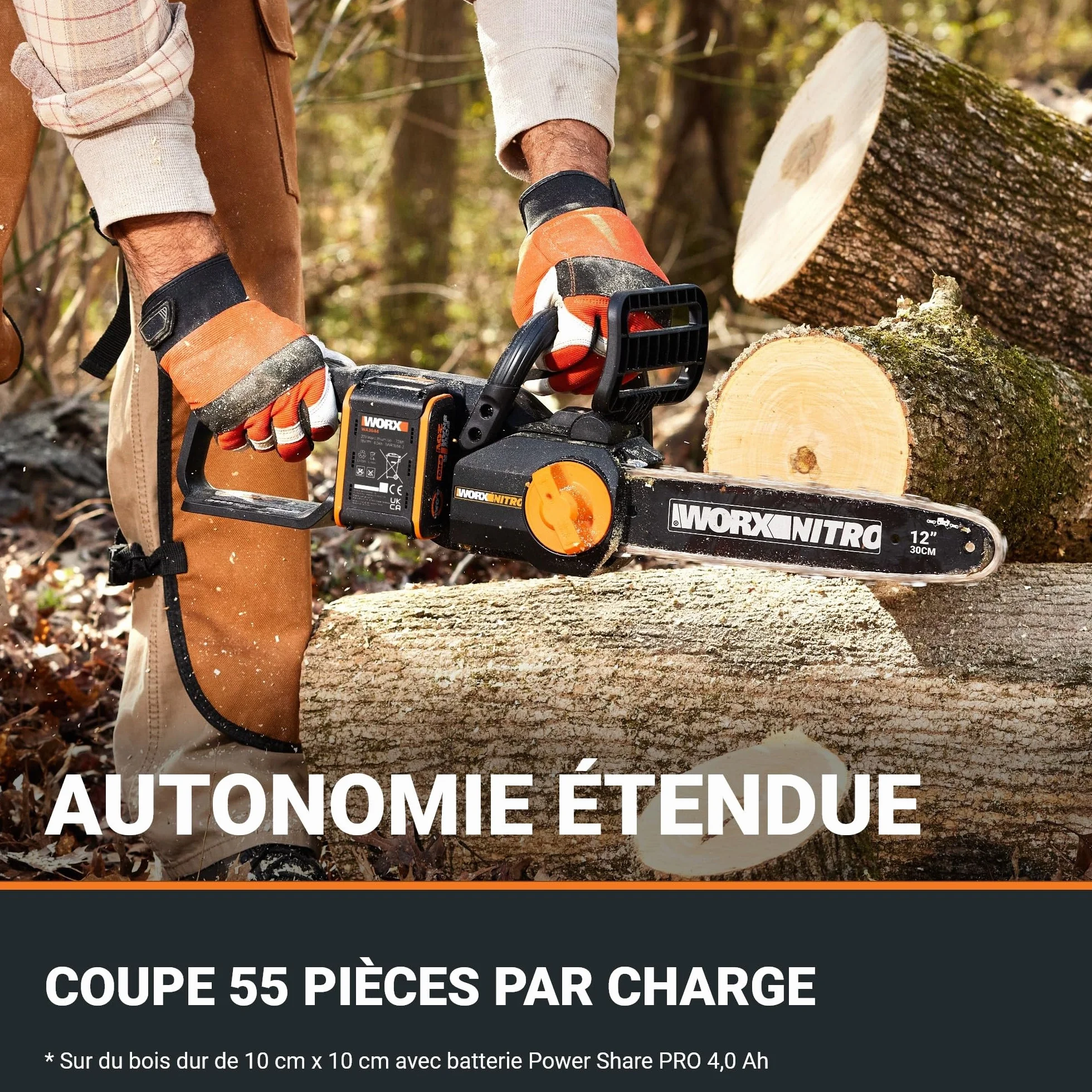 WORX WG350E Nitro profesjonalna akumulatorowa piła łańcuchowa 20 V – wydajna piła do drewna – długość cięcia 10 m/s – 30 cm – kompaktowa i bezpieczna – automatyczne smarowanie – łatwe napinanie