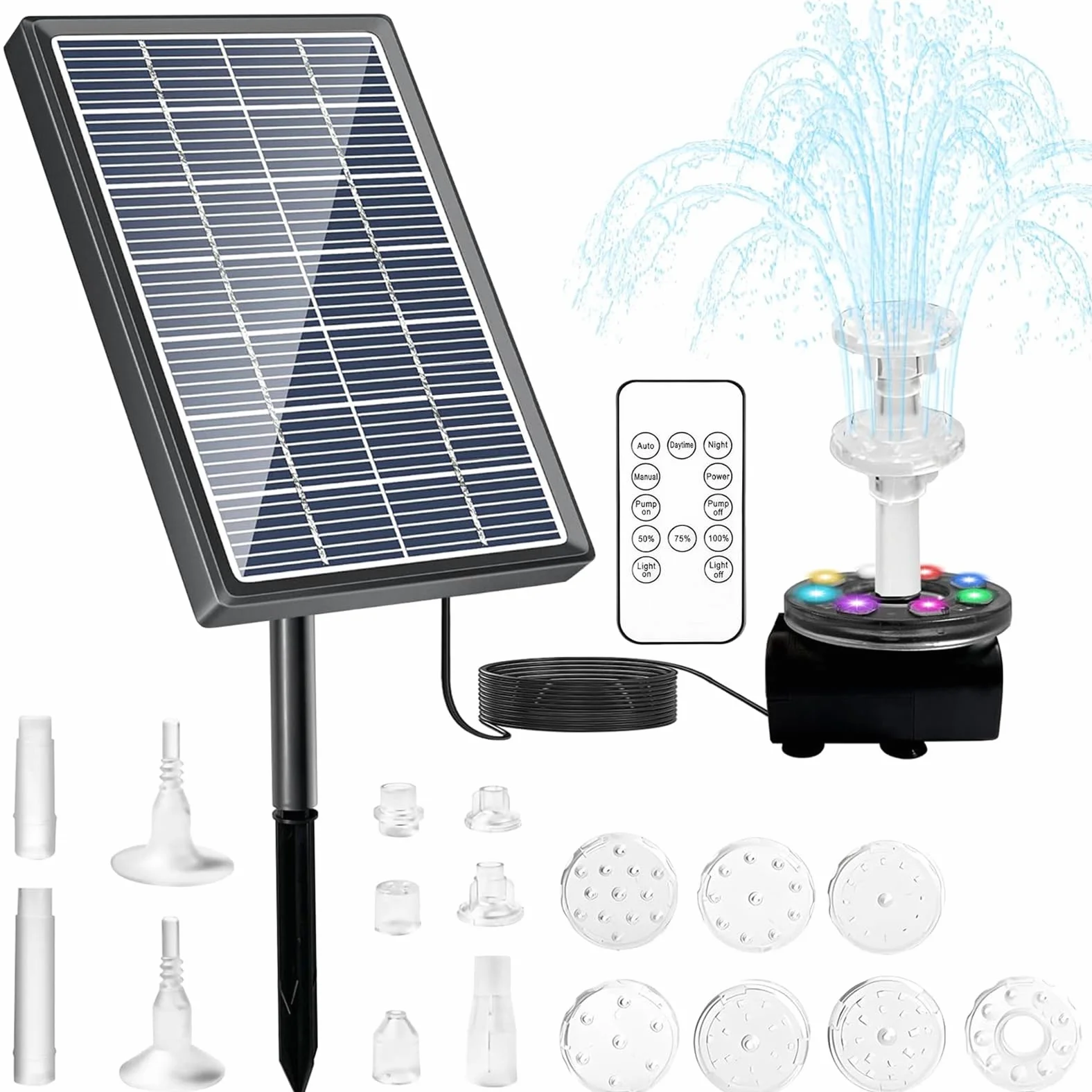 Fontanna solarna 7 W z pilotem zdalnego sterowania, podwójna fontanna, solarna pompa do stawu, pompa wodna wbudowana bateria 3000 mAh, pompa solarna z 10 stylami fontanny do ogrodu