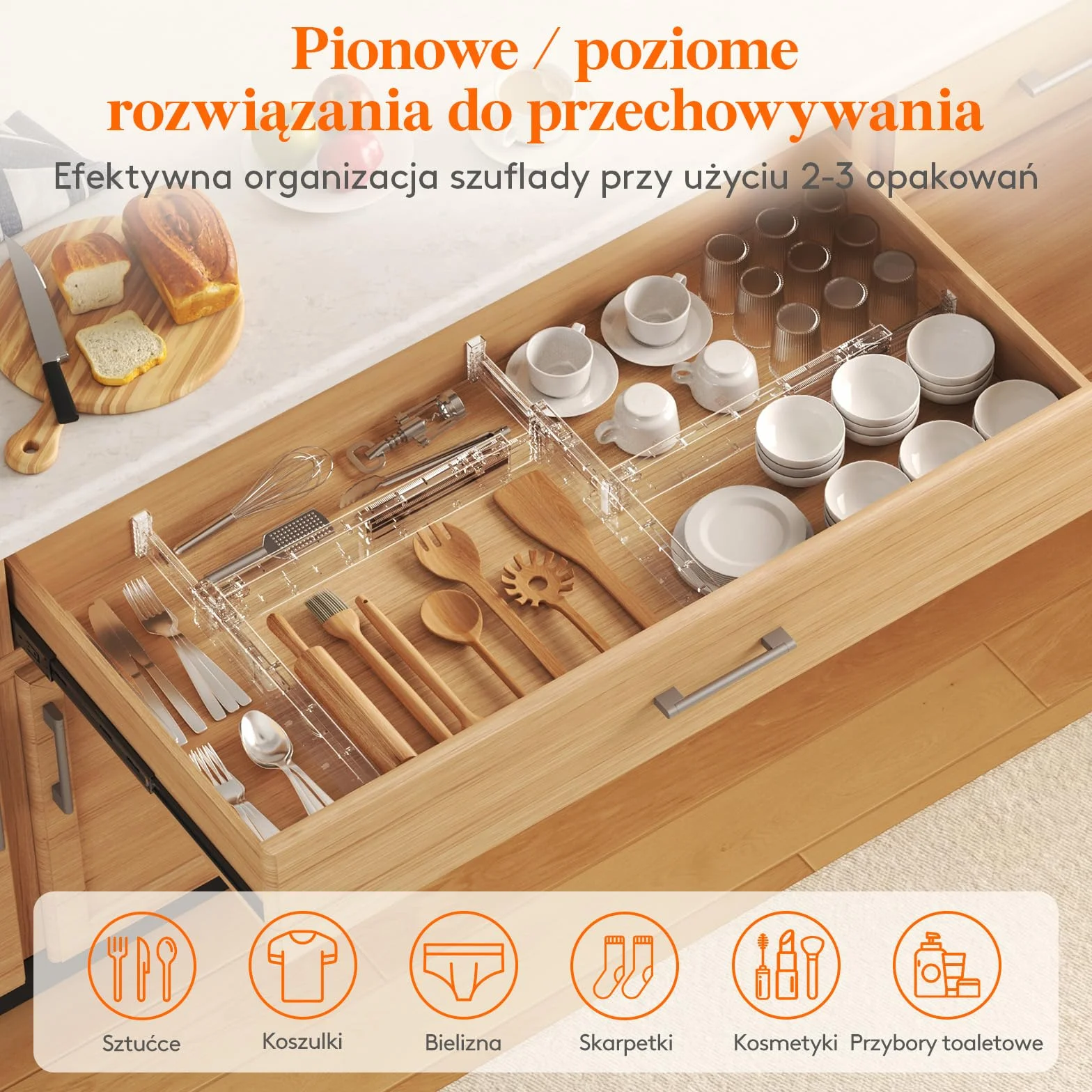 Lifewit 4 Przegródek do Szuflado Wysokości 6 cm,40.6-56 cm, Regulowany Organizer do Szuflad na Przybory Kuchenne/Kosmetyki, Plastikowe, Rozszerzalne Separatory do Przechowywania w Sypialni