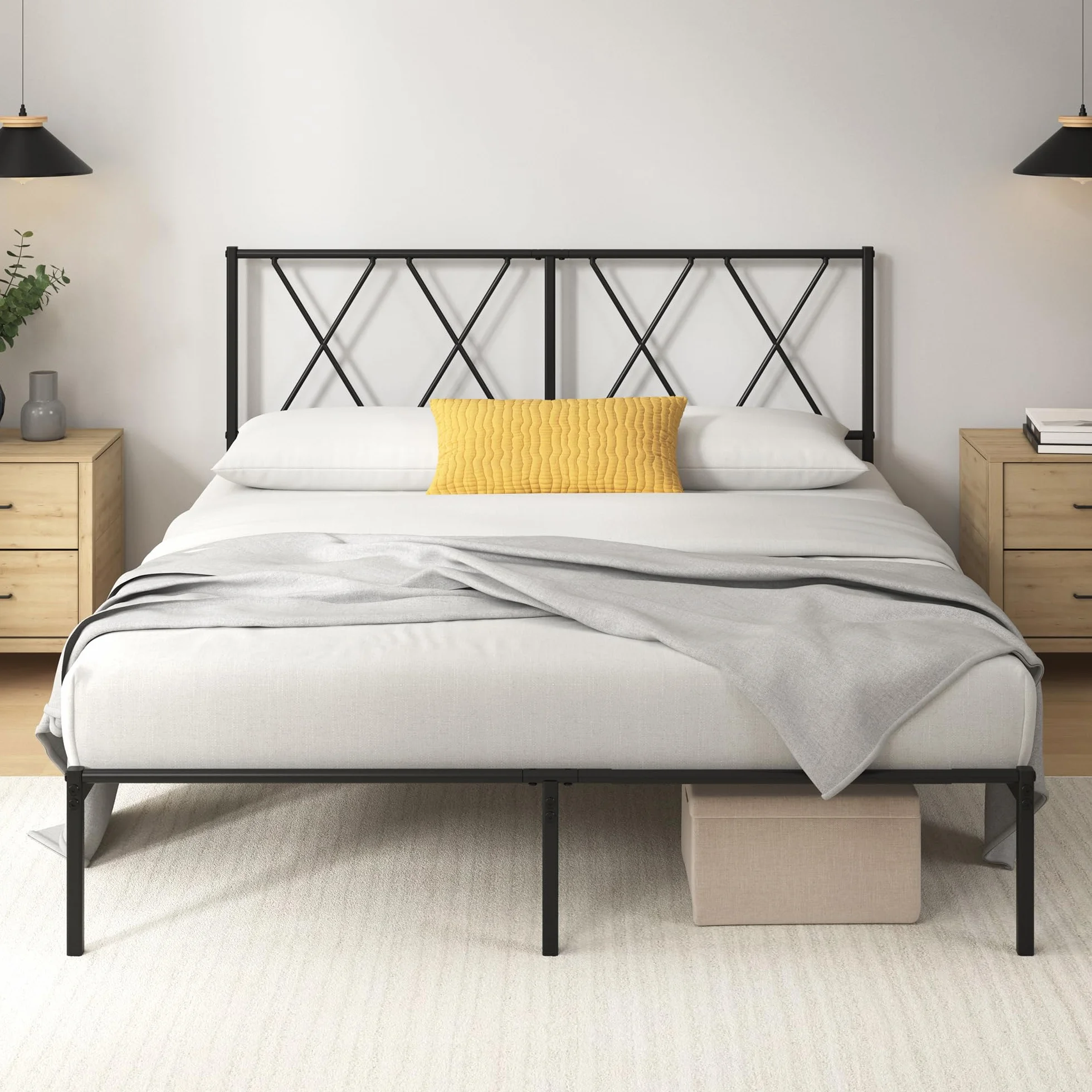 Zinus Elias Łóżko 140 x 200 cm – 30 cm wysokości – metalowa rama łóżka z zagłówkiem – metalowe łóżko ze stelażem – nie wymaga łóżka kontynentalnego, wolna przestrzeń pod łóżkiem, kolor czarny