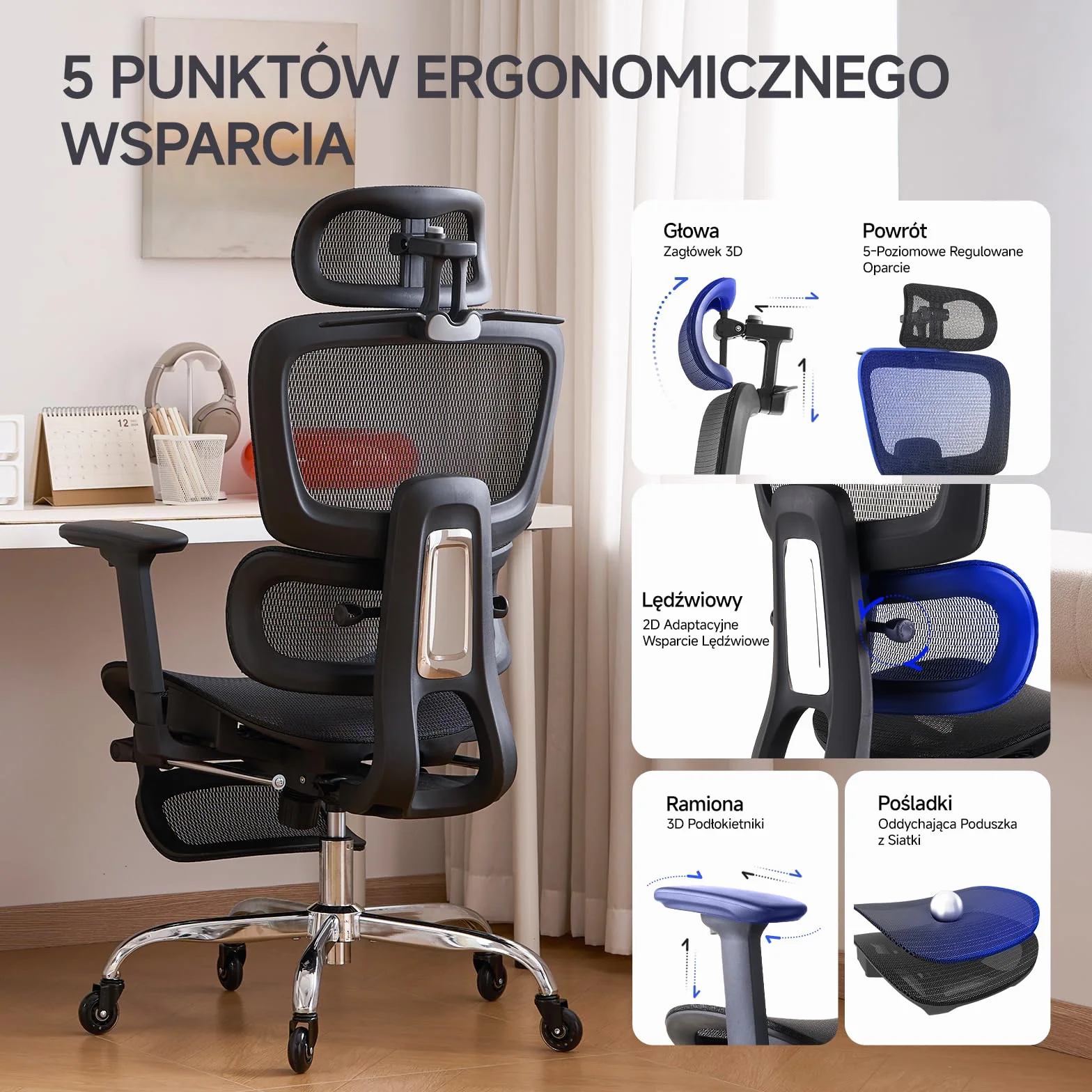 LarkLeaves Ergonomiczne Krzesło Biurowe z Podnóżkiem, 5-Stopniowe Regulowane Oparcie, 2D Podparcie Lędźwiowe, 3D Podłokietniki, Siatka z Poduszką na Szyję i Gumowe Kółka, Odchylenie 145°, Czarne