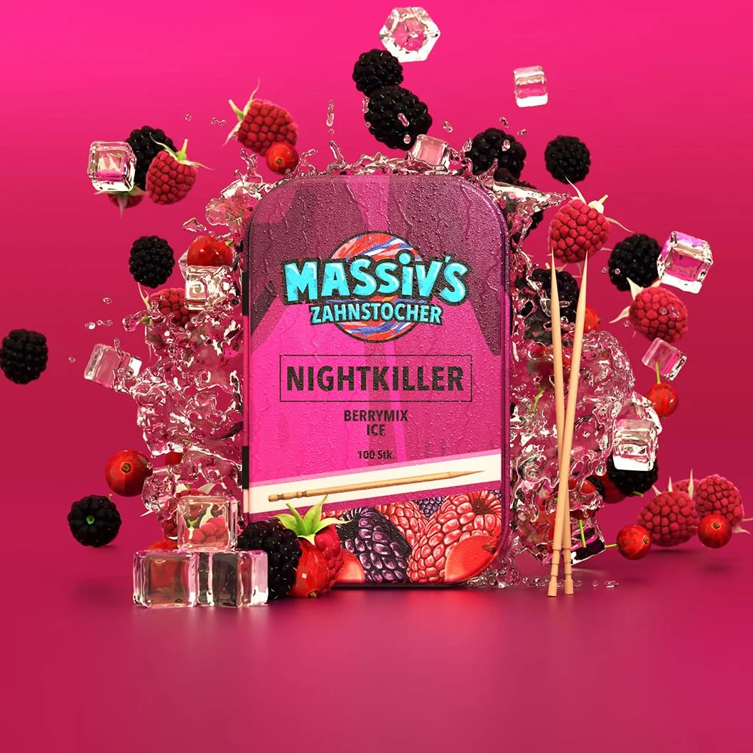 Massiv’s Toothpicks – Smakowe wykałaczki – NIGHTKILLER Berrymix Ice – 100 smakowych wykałaczek – Świeży oddech – Stylowa metalowa puszka – Wegańskie, bez cukru, bez kalorii