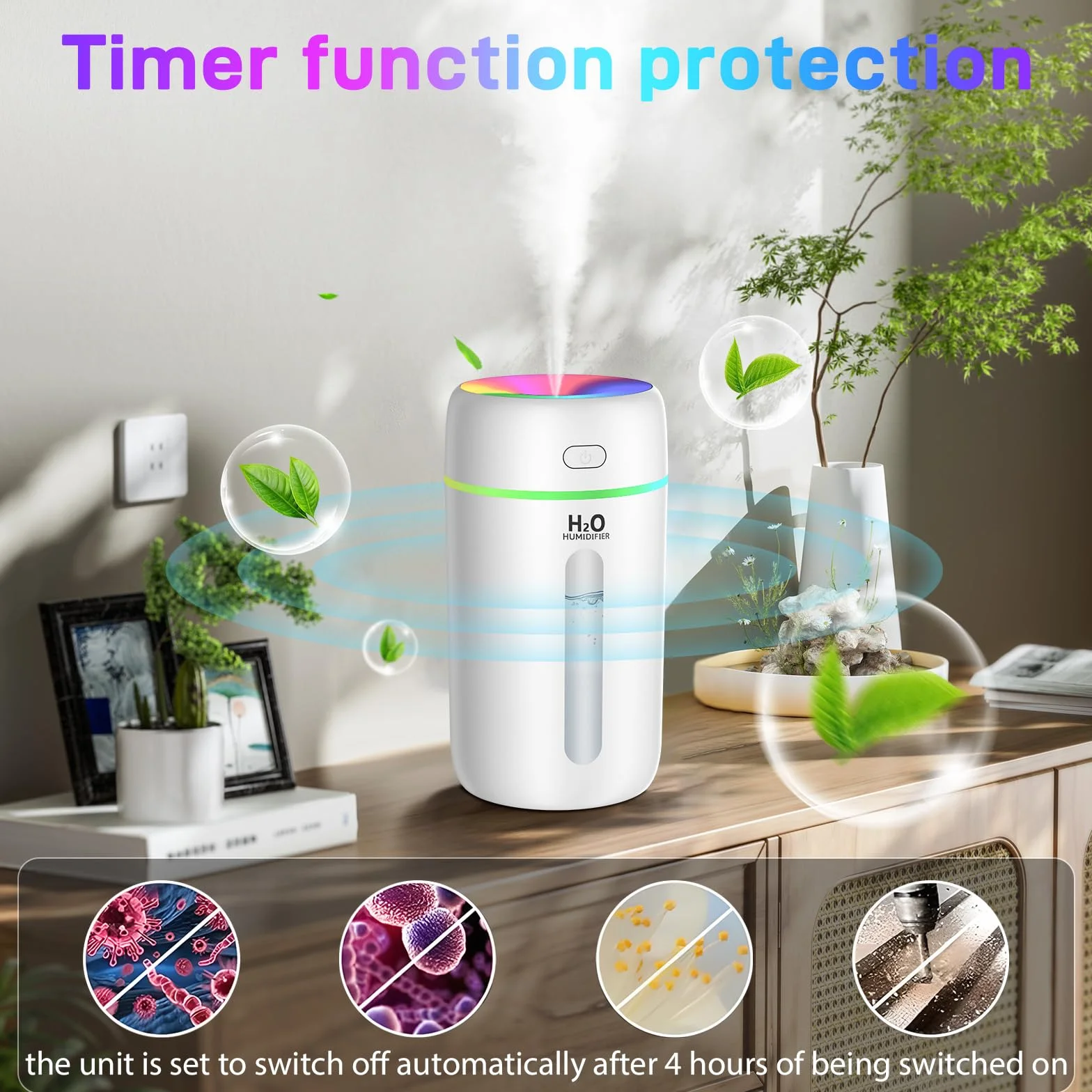 Kissleaf Mini nawilżacz powietrza 250 ml 7 kolorów światła 28 dB USB-C cichy