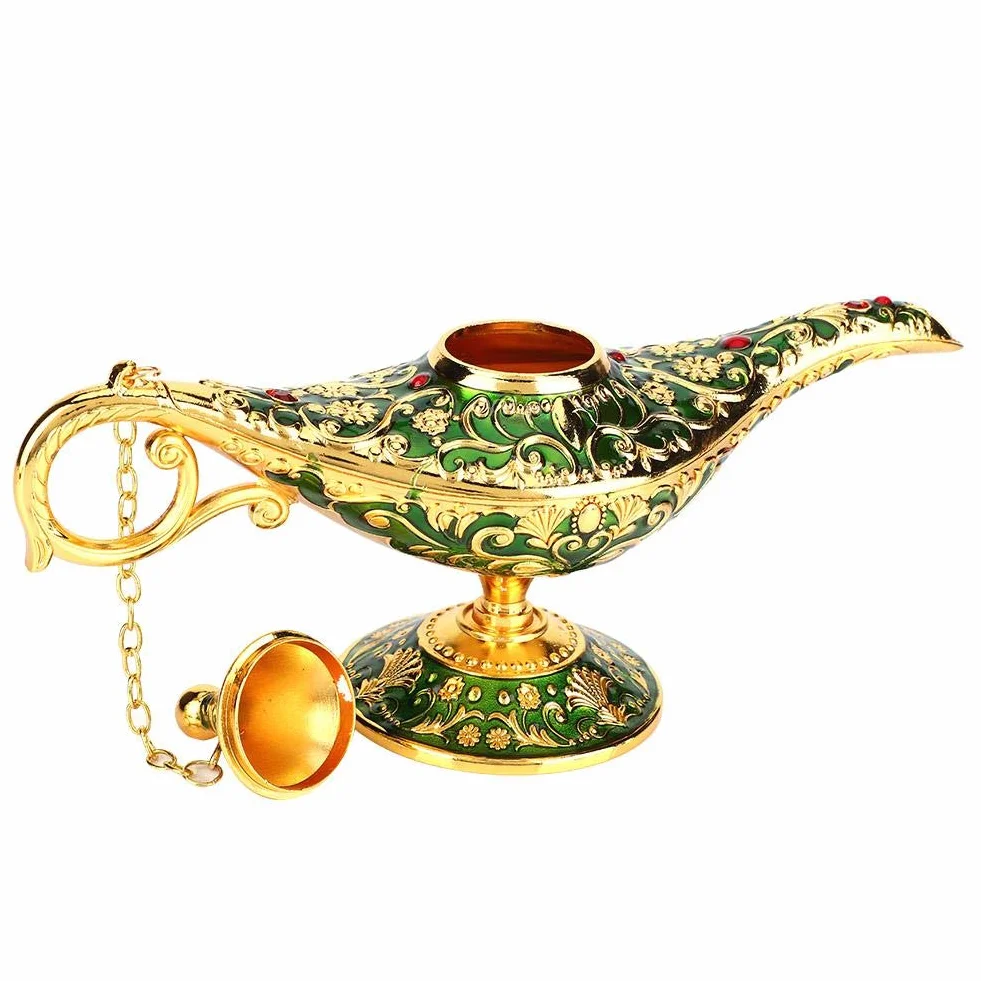 Vintage Collectable Rzadka legenda Aladdin Magic Genius lampy kadzidła palnik Aladdin wspaniała lampa olejna arabska genialna lampa genialna lampa do dekoracji stołu w domu i (zielona)