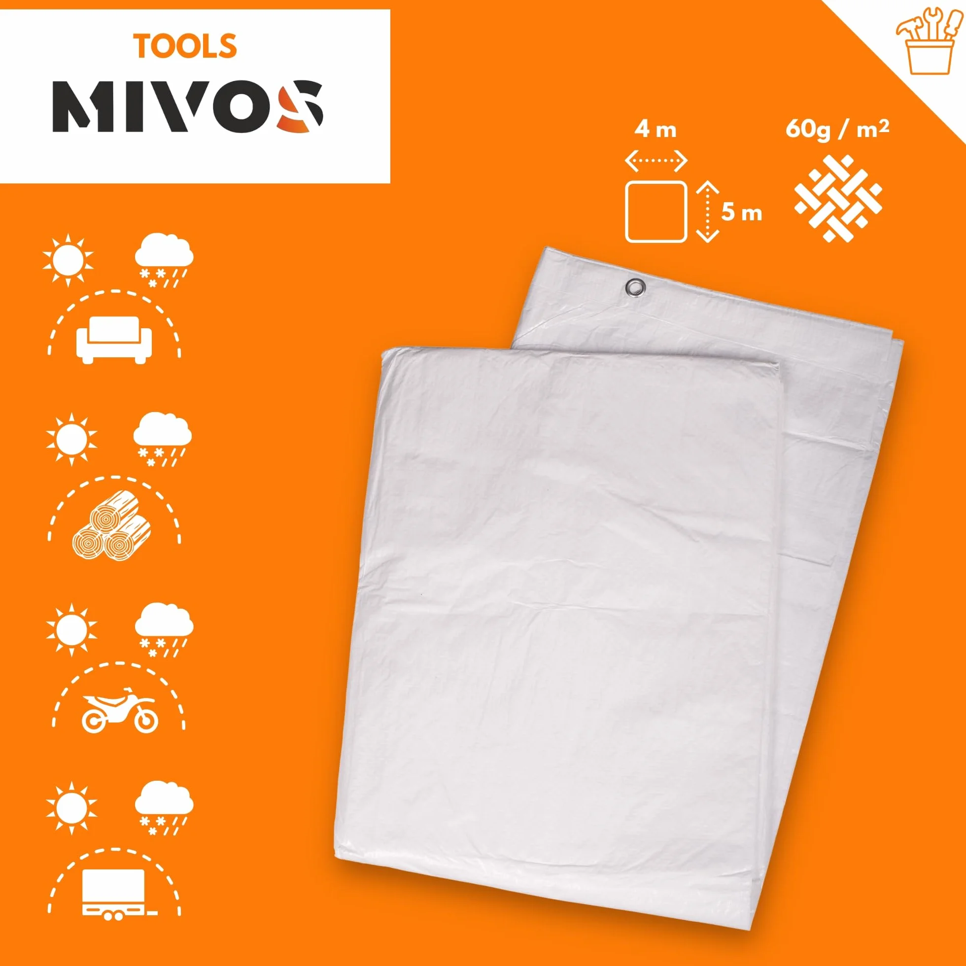 Mivos Wodoszczelna plandeka okryciowa 4 x 5 m – biała – tkanina PP-PE 60 g/m² – plandeka ogrodowa z oczkami aluminiowymi – odporna na pleśń ochronna na meble ogrodowe, łódkę, drewno