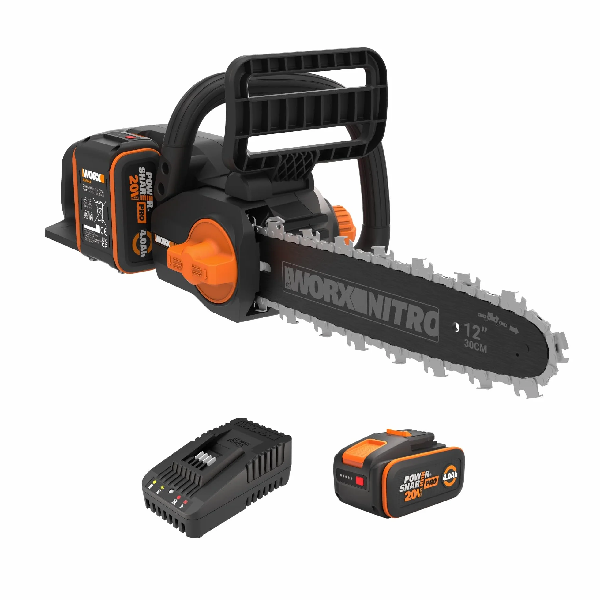 WORX WG350E Nitro profesjonalna akumulatorowa piła łańcuchowa 20 V – wydajna piła do drewna – długość cięcia 10 m/s – 30 cm – kompaktowa i bezpieczna – automatyczne smarowanie – łatwe napinanie