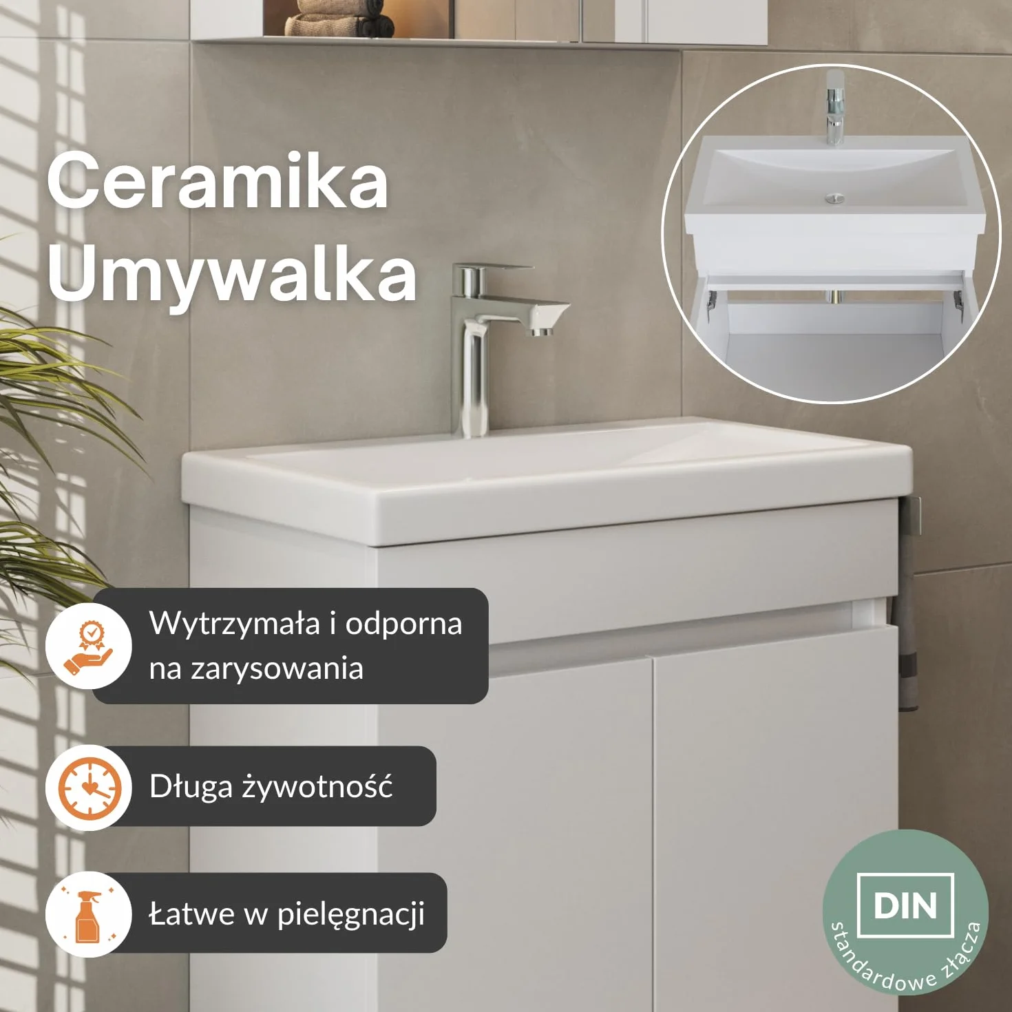 Planetmöbel szafka pod umywalkę wisząca 64 cm z umywalką ceramiczną, 2-częściowy zestaw mebli łazienkowych w kolorze białym, nowoczesny design