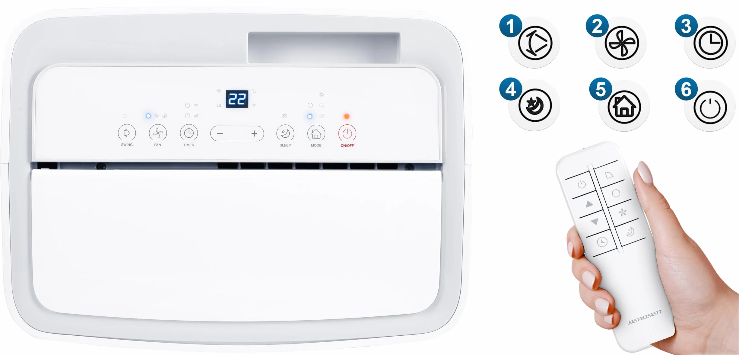 Berdsen Klimatyzator Przenośny 5w1 z Funkcją Grzania Osuszania 14000 BTU 34l/24h WiFi Biały