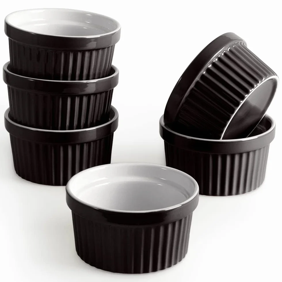 homEdge Zestaw porcelanowych ramekinów, 240 ml / 8 uncji, miska do lodów, kremowa brûlée ramekins, do pieczenia, zestaw 6 sztuk, kolor czarny