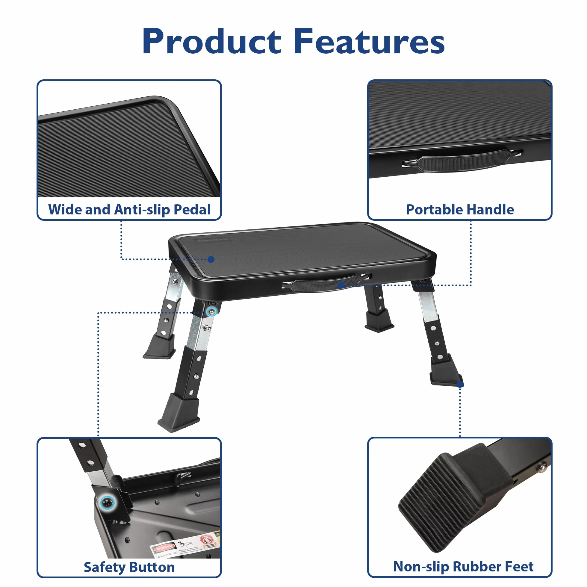 BONTEC Taburete Plegable con Plataforma Antideslizante y Pies de Goma Gruesa, 3 Niveles Ajustable en Altura, Soporta hasta 330 Libras, Ideal para Cocina, Dormitorio y RV