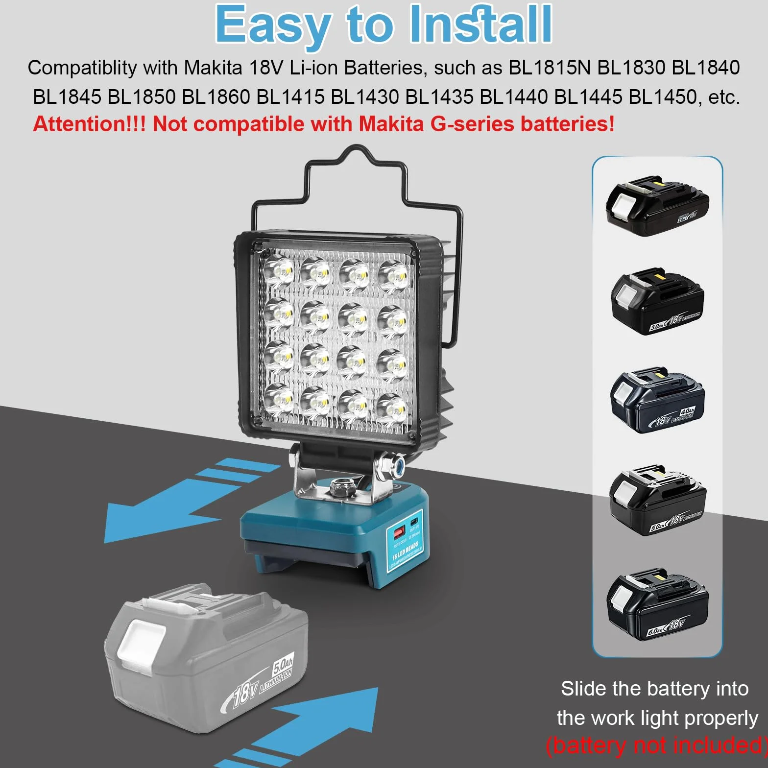 QUPERR Lampa bezprzewodowa kompatybilna z Makita 18V, 48W 5800LM LED lampa robocza, przenośny reflektor z USB i Type-C do auta, kempingu i awaryjnego oświetlenia (bez akumulatora)