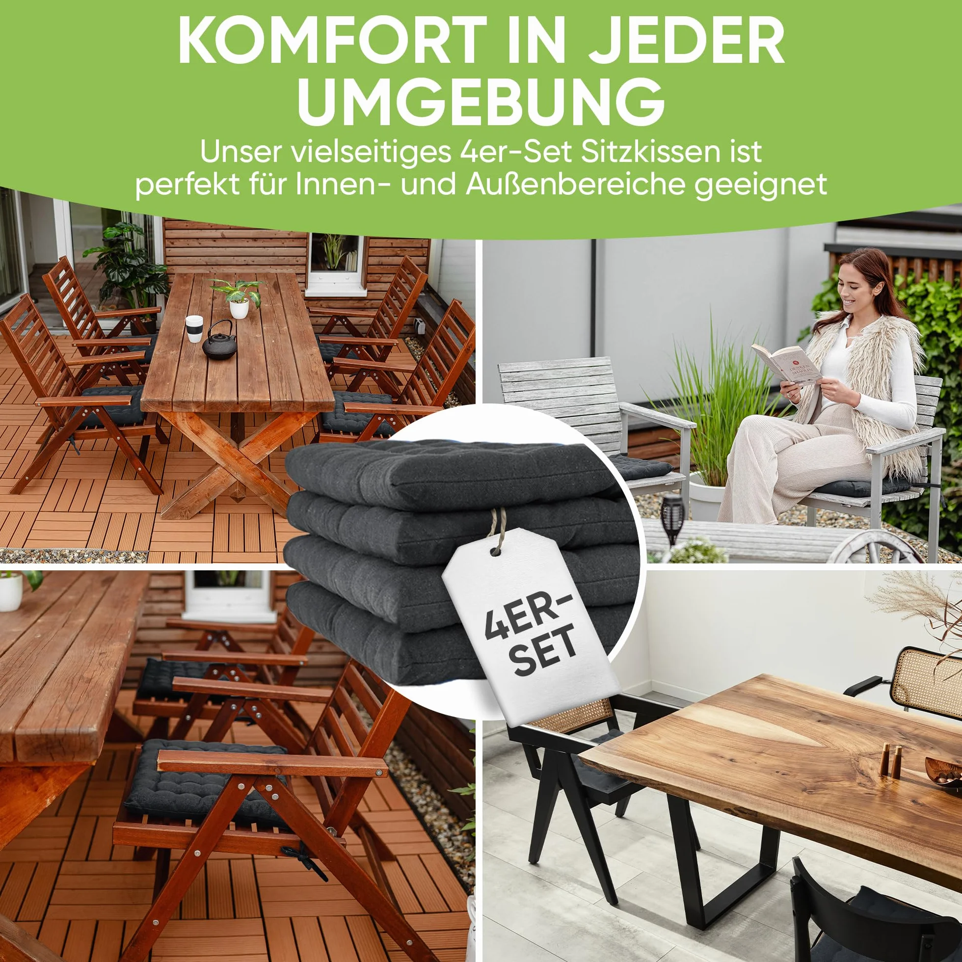 Gräfenstayn® Zestaw 4 bawełnianych poduszek do siedzenia 40 x 40 x 5 cm, z taśmami mocującymi do użytku wewnątrz i na zewnątrz, z znakiem Öko-Tex (antracytowy)