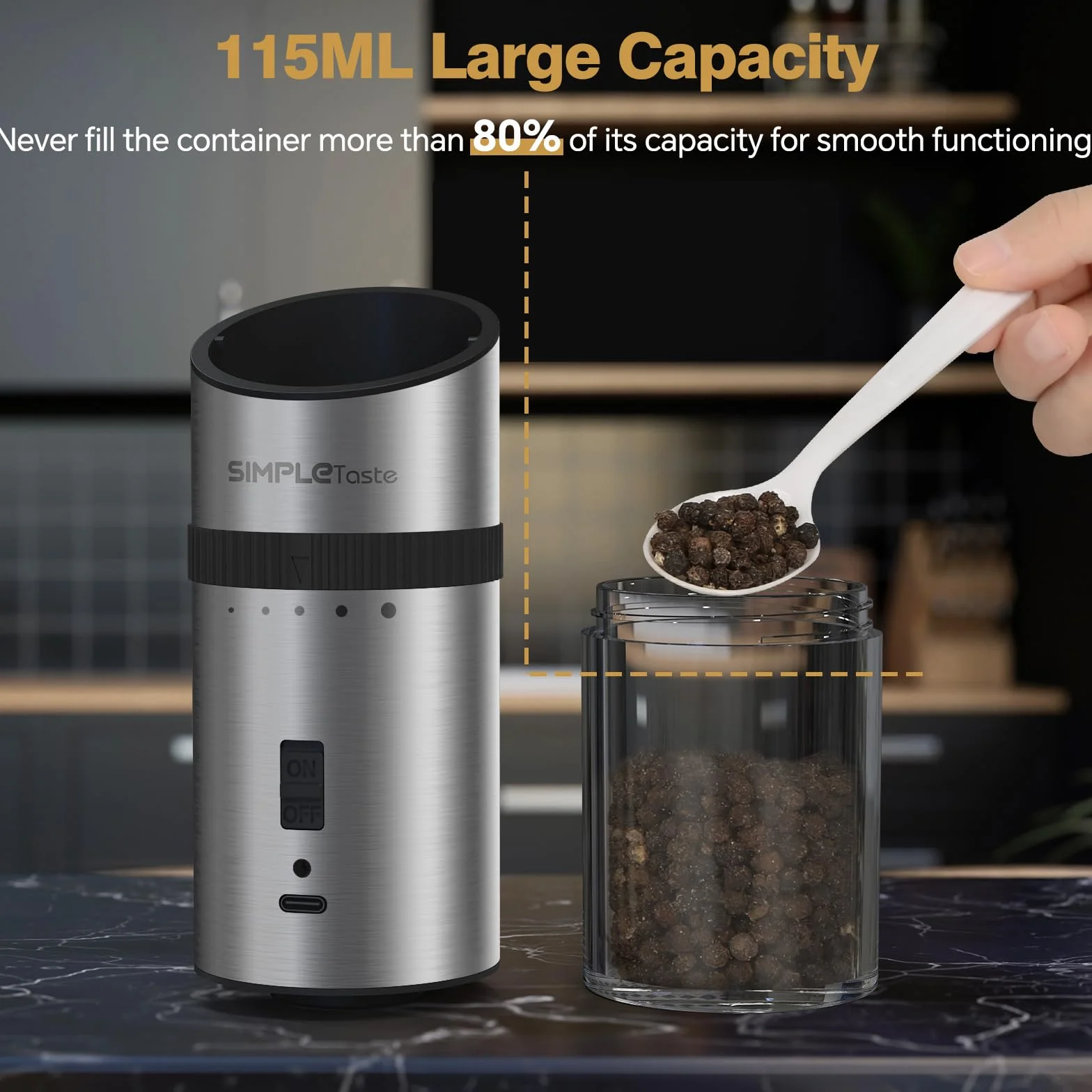SIMPLETASTE Elektrycznych Młynków do Pieprzu Zestaw i Soli z Zewnętrznym Pierścieniem Regulacji, Sensor Grawitacyjny, Ładowanie USB-C, regulowany ceramiczny mechanizm mielący, 2 sztuki