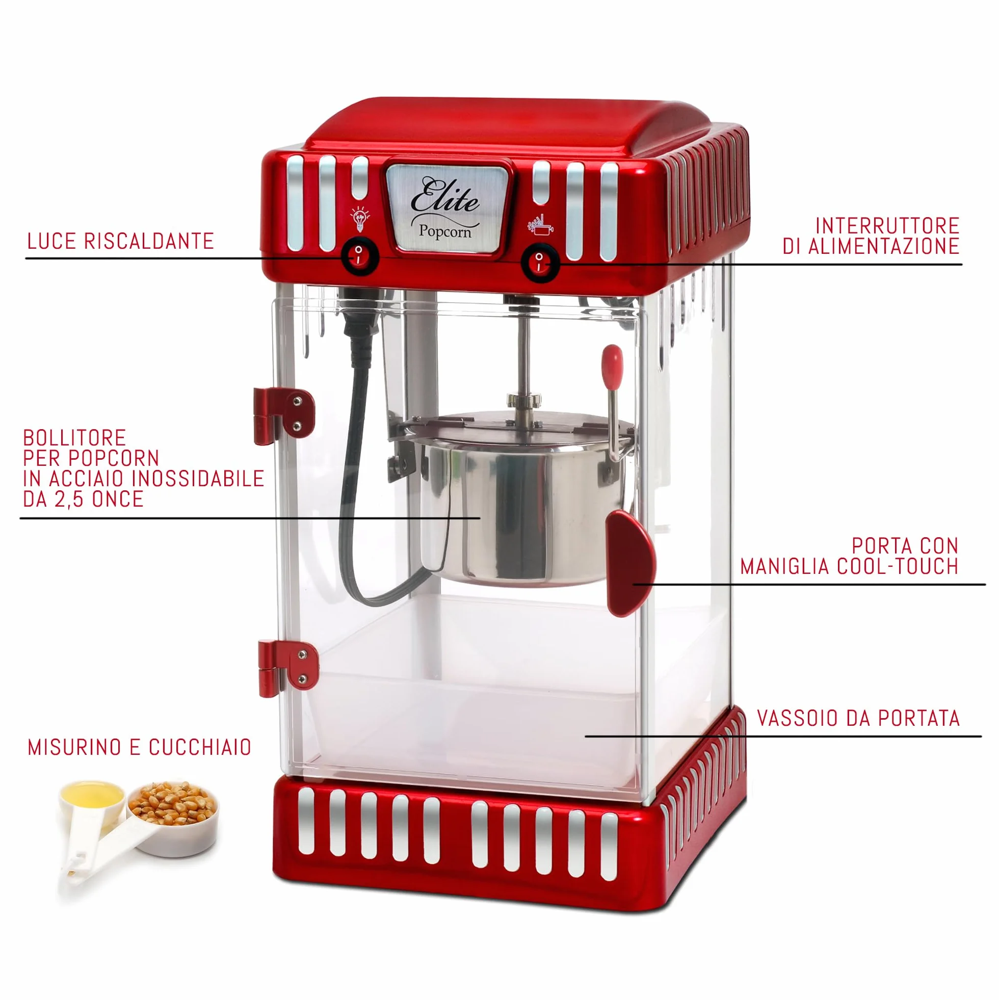Elite Gourmet EPM-250 Maxi-Matic 2,5 uncji klasyczny karnawał, stołowa maszyna do popcornu w stylu retro, filmowy popcorn z gorącym masłem, czerwony