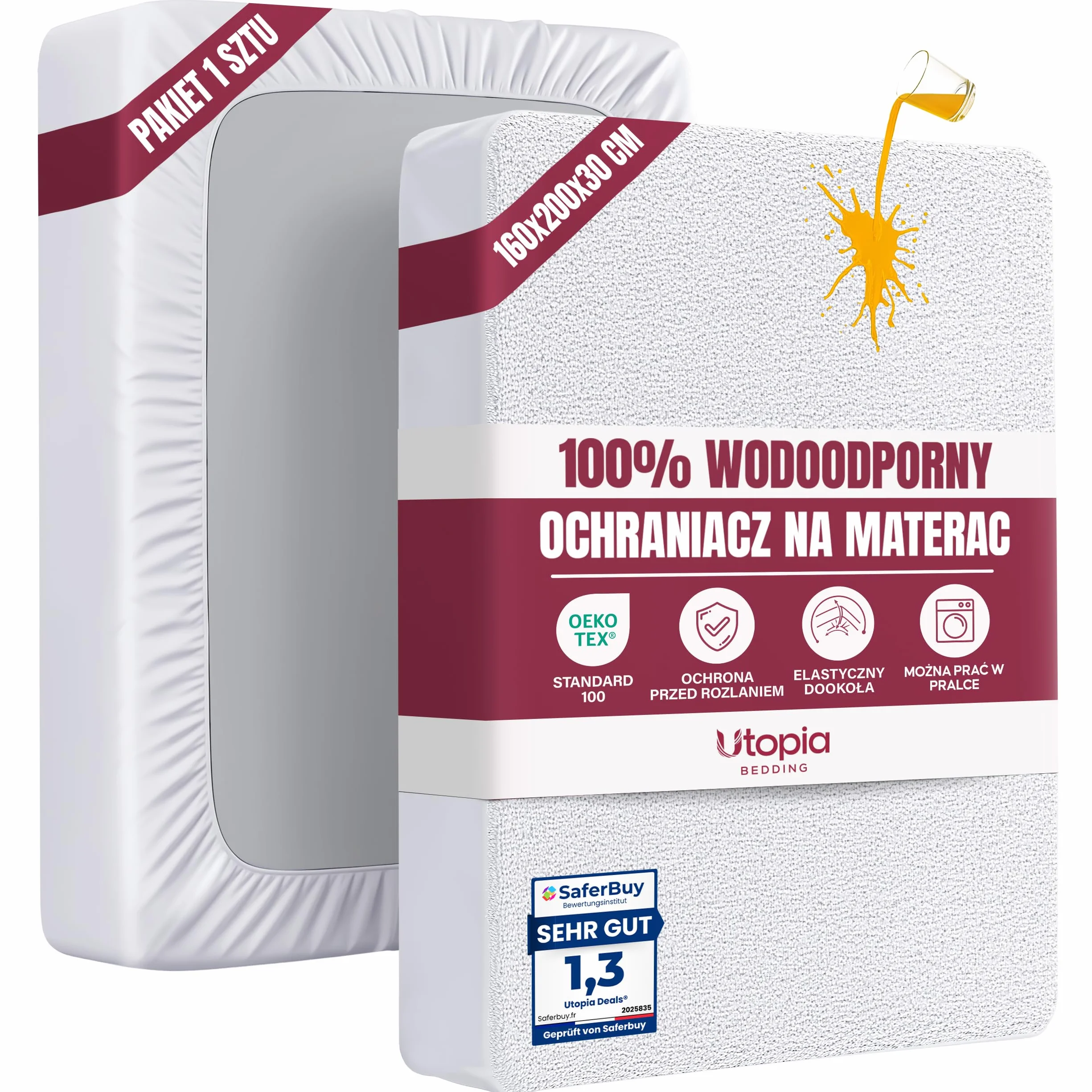 Utopia Bedding Ochraniacz na materac Wodoodporny, certyfikowany przez Oeko-TEX Ochraniacz na materac Oddychający, ochrona materaca, elastyczny dookoła (Biały, 160 x 200 x 30 cm)