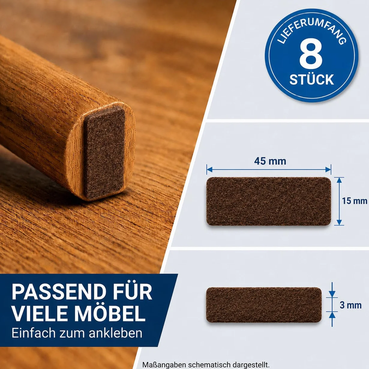 haggiy peha podkładki filcowe - podkładki do parkietu samoprzylepne, prostokątne, 15 x 45 mm, brązowe (8 sztuk)