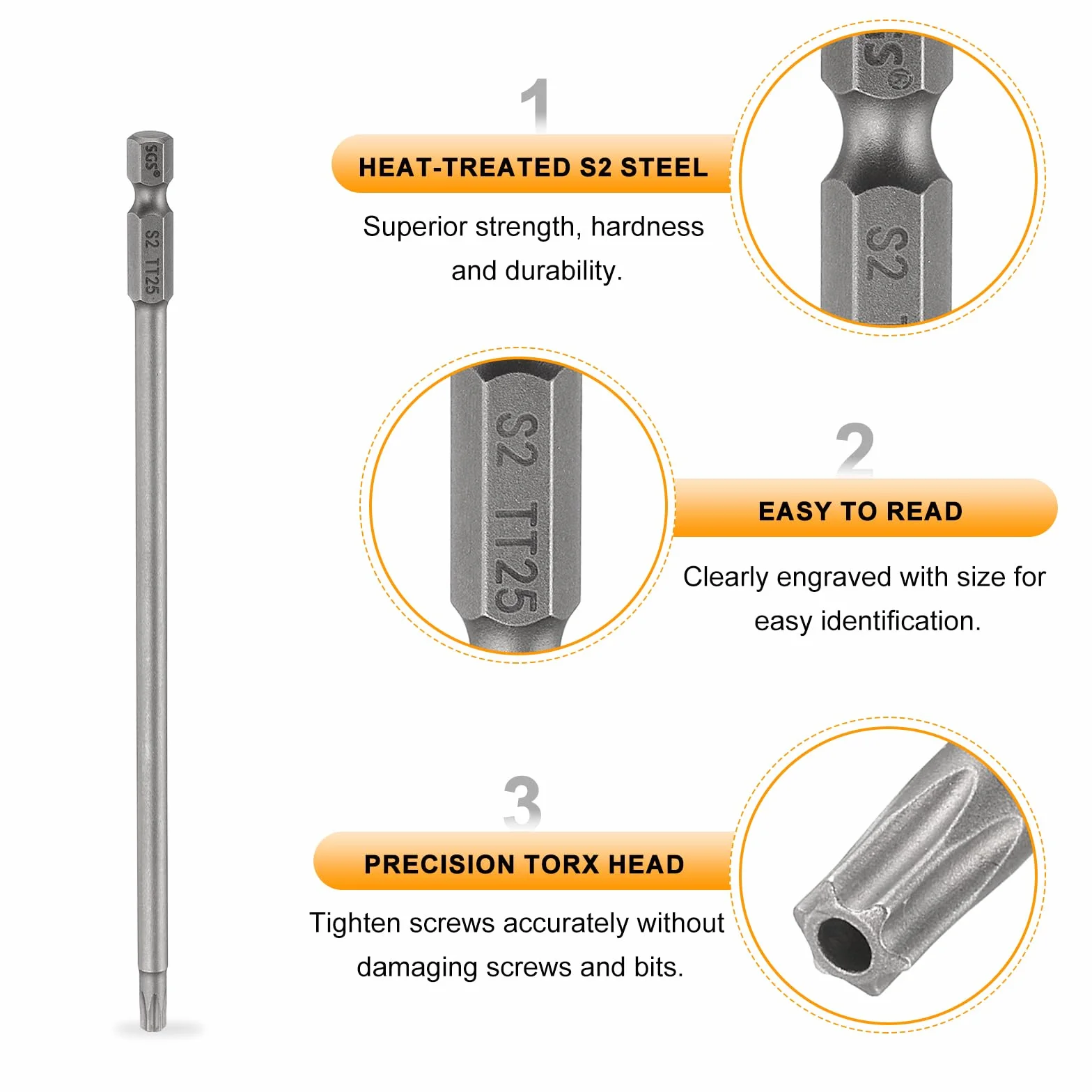 QUARKZMAN TT25 Torx zestaw bitów 6" (150 mm) długi 1/4" magnetyczny sześciokątny sześciokątny trzpień S2 stal końcówka z otworami do wkrętarki akumulatorowej Torx