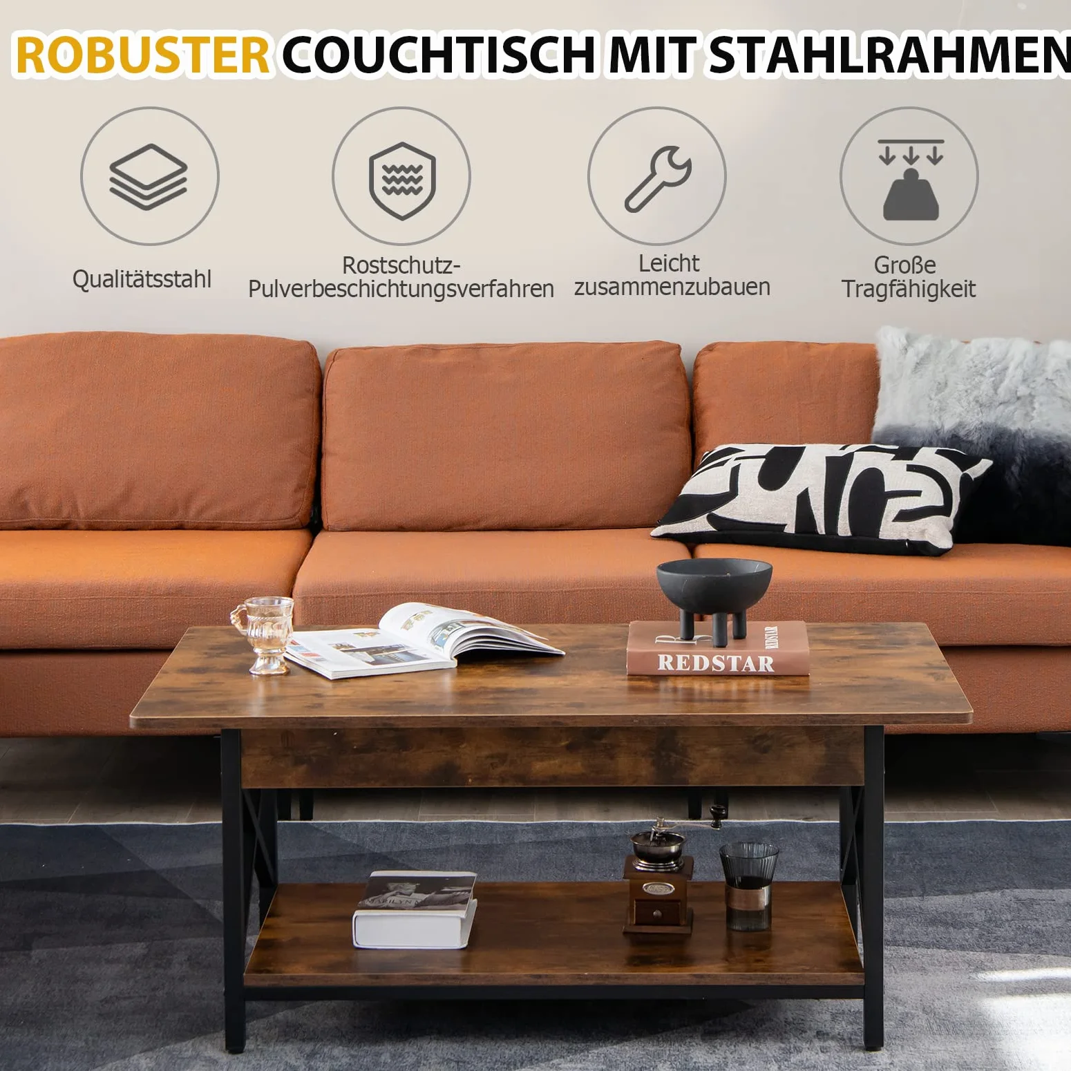 COSTWAY stolik kawowy, stolik z regałem, stół do salonu, stolik do sofy do salonu, wymiary: 110 x 60 x 48 cm (Rustykalny brąz)