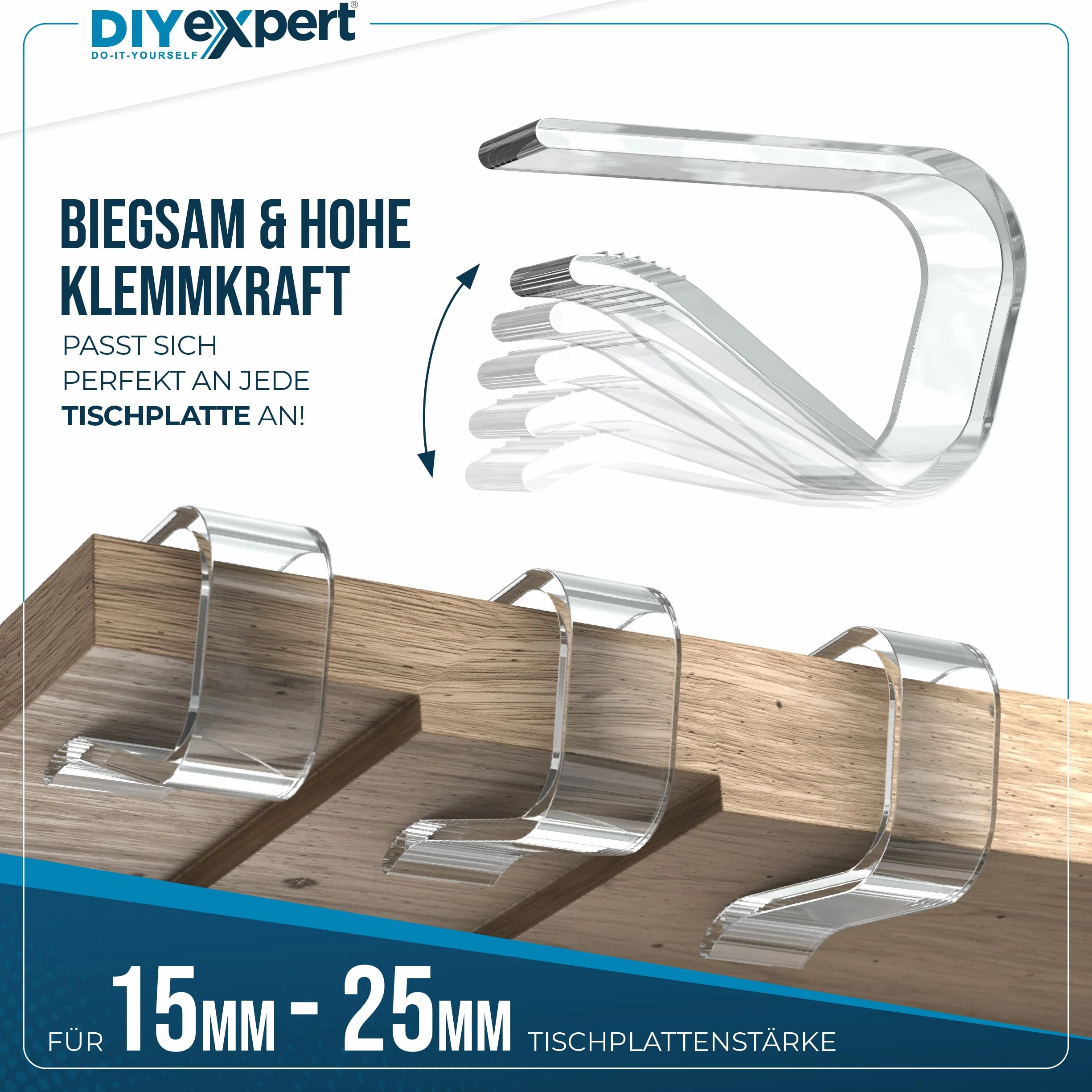 DIYexpert Przezroczyste klamerki do obrusu Made in Germany [do 25 mm] [8 sztuk] stabilne klamry do obrusów – odporne na warunki atmosferyczne i antypoślizgowe – klamry do stołu, do ogrodu, na balkon i