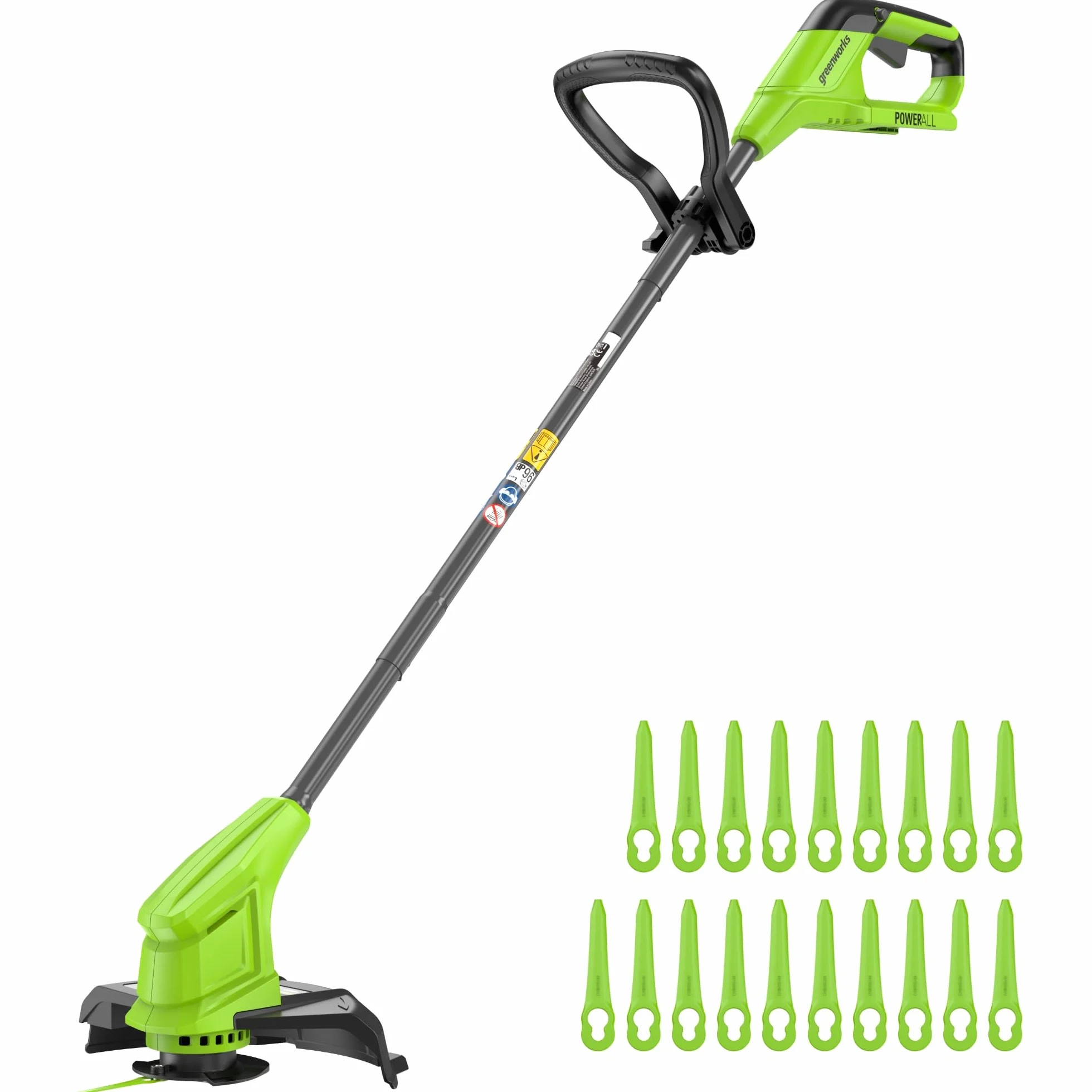 Greenworks Podkaszarka do trawy 24 V z akumulatorem do małych i średnich ogrodów, regulacja wysokości, szerokość cięcia 25 cm, w zestawie 20 ostrzy z tworzywa sztucznego, bez akumulatora i ładowarki