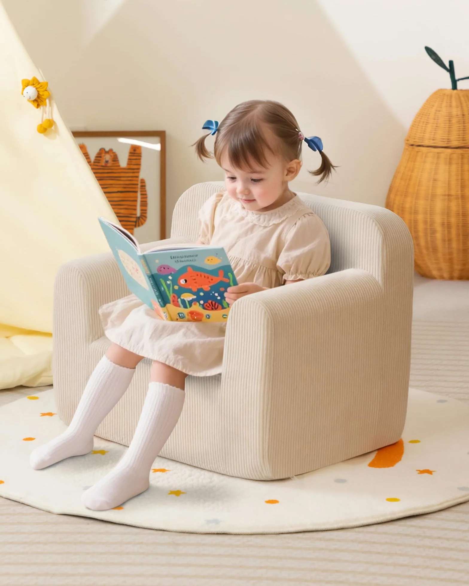 BEJOY Krzesło dziecięce, bardzo miękka, przytulna sofa z pianki, pojedyncze siedzenie, dla chłopców i dziewczynek, beżowe