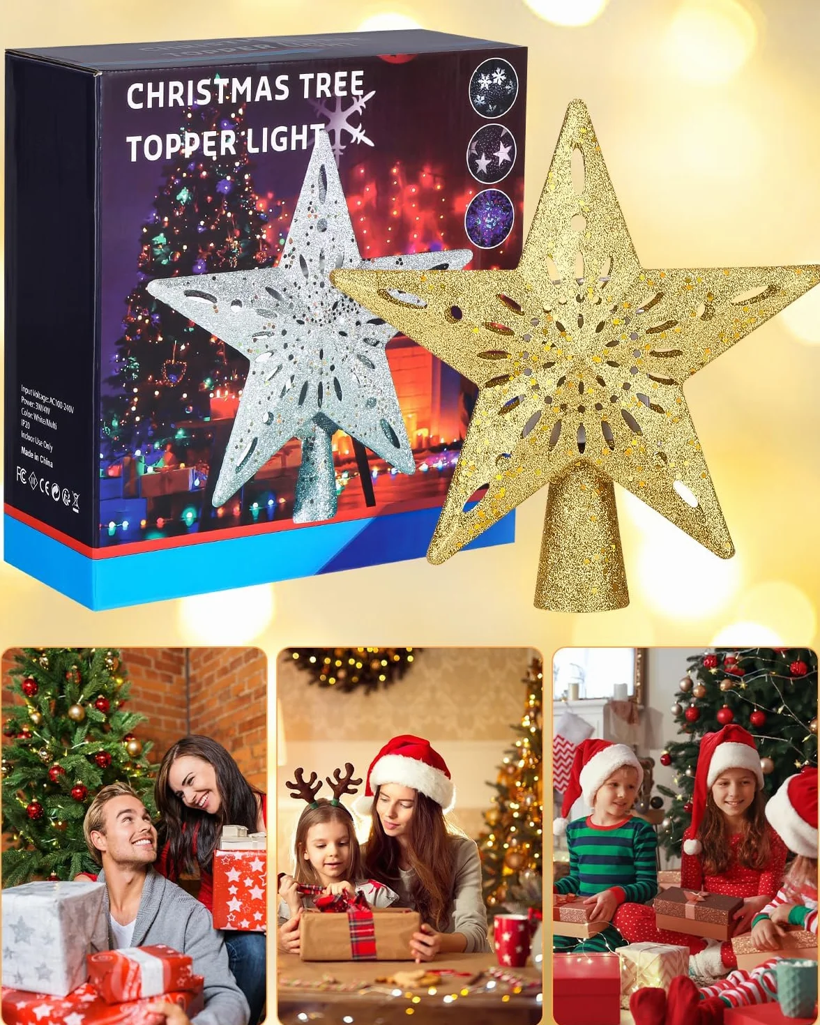 Ozdoba choinkowa Choinka Topper Gwiazda podświetlana z wbudowanymi obrotowymi lampkami LED, Choinka Topper na Boże Narodzenie, imprezę, dekorację wnętrz