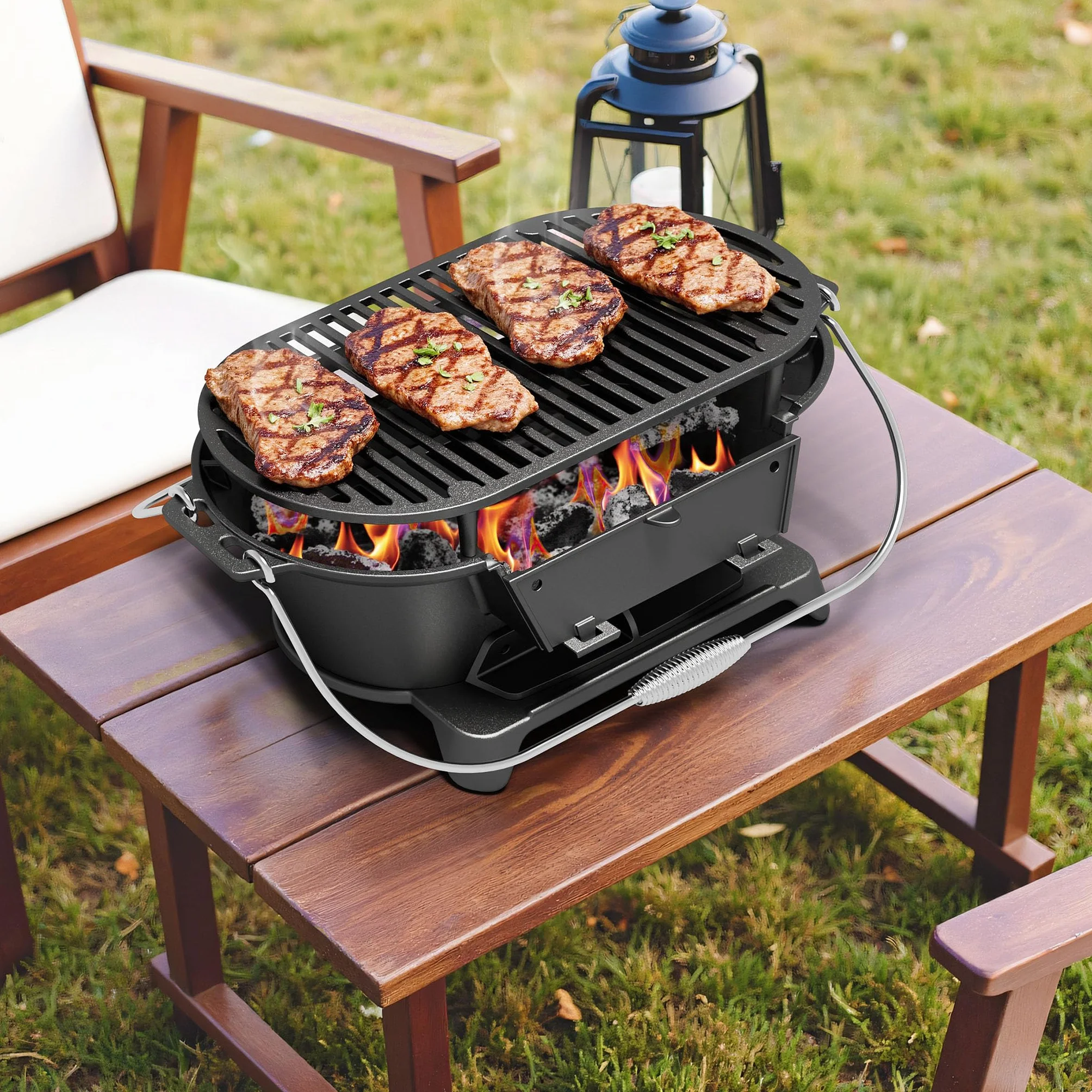 Wiltec Przenośny grill żeliwny o wymiarach 500 x 270 x 210 mm, z uchwytami i płytą do grillowania, miska na węgiel z otworem wentylacyjnym