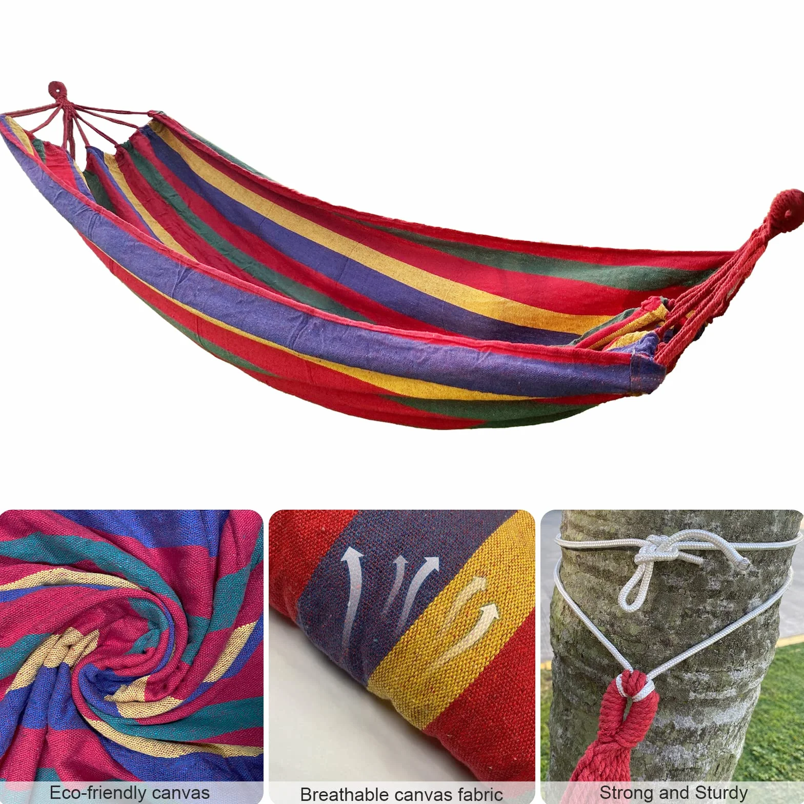 Firschoie Hamak, płótno 280 x 100 cm długość całkowita 280 cm obciążenie 300 kg, wygodny hamak zewnętrzny hamak podróżny w czerwone paski, hamak, idealny na zewnątrz, kemping, balkon, do ogrodu, na