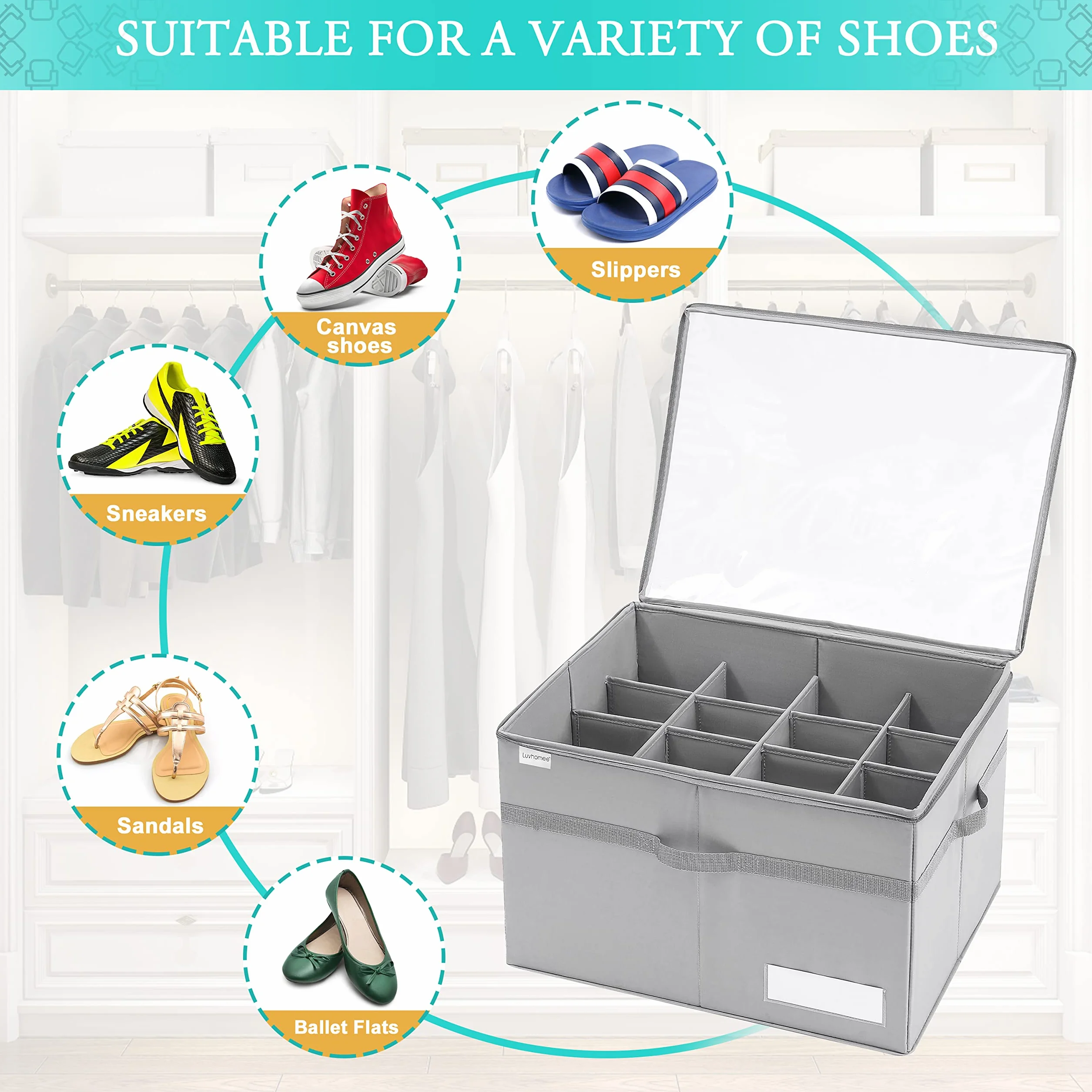 Shoe Organizer for Closet, Fits 16 Pairs, Large Shoe Box Storage Containers, Clear Foldable Shoe Storage Bins w/Bottom Support, Space Saving Shoes Holder w/Reinforced Handles, Gray