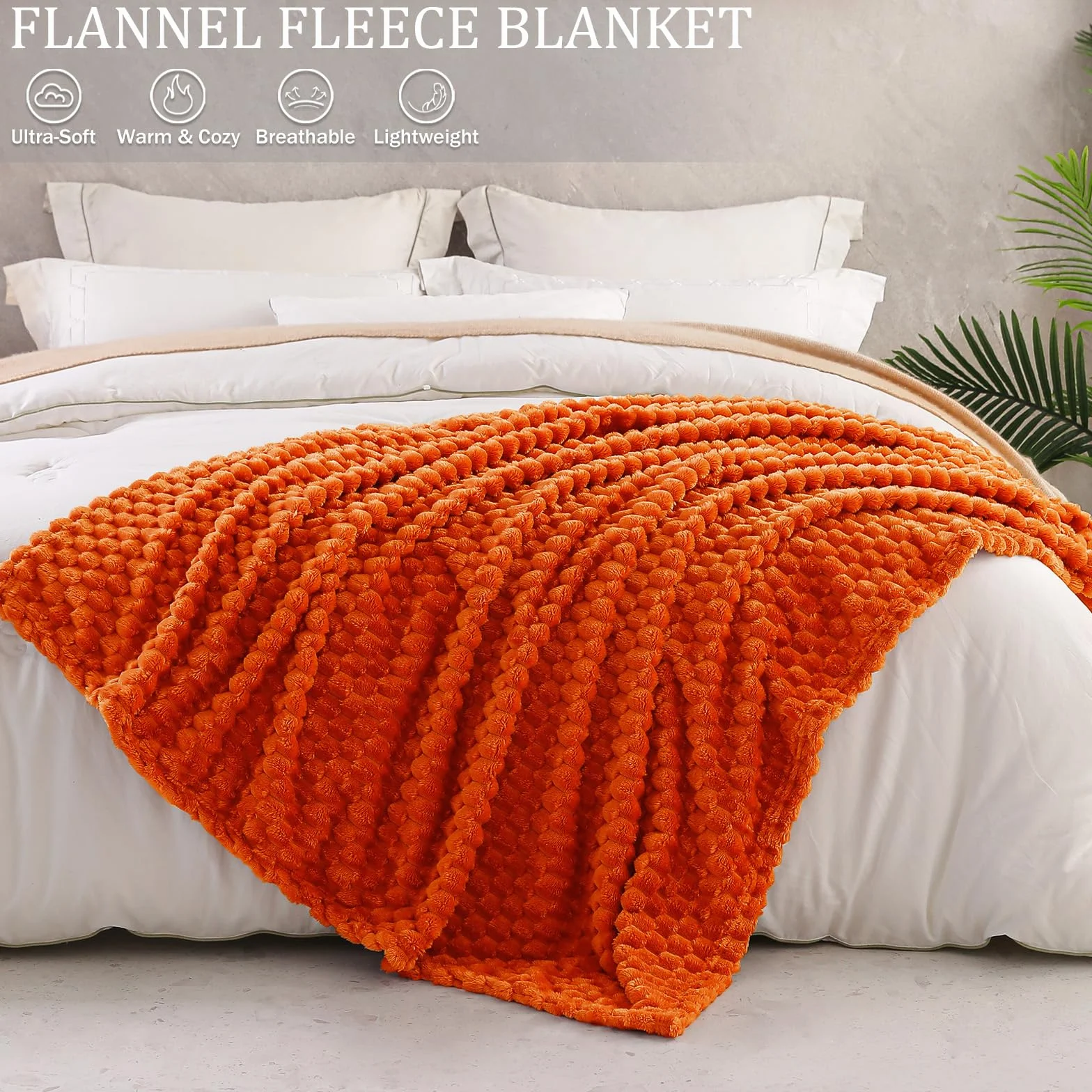 Exclusivo Mezcla Koc polarowy flanelowy w rozmiarze queen, 230 x 230 cm, stylowy żakardowy, aksamitny pluszowy koc na łóżko, przytulny, ciepły, lekki i dekoracyjny koc palony pomarańczowy