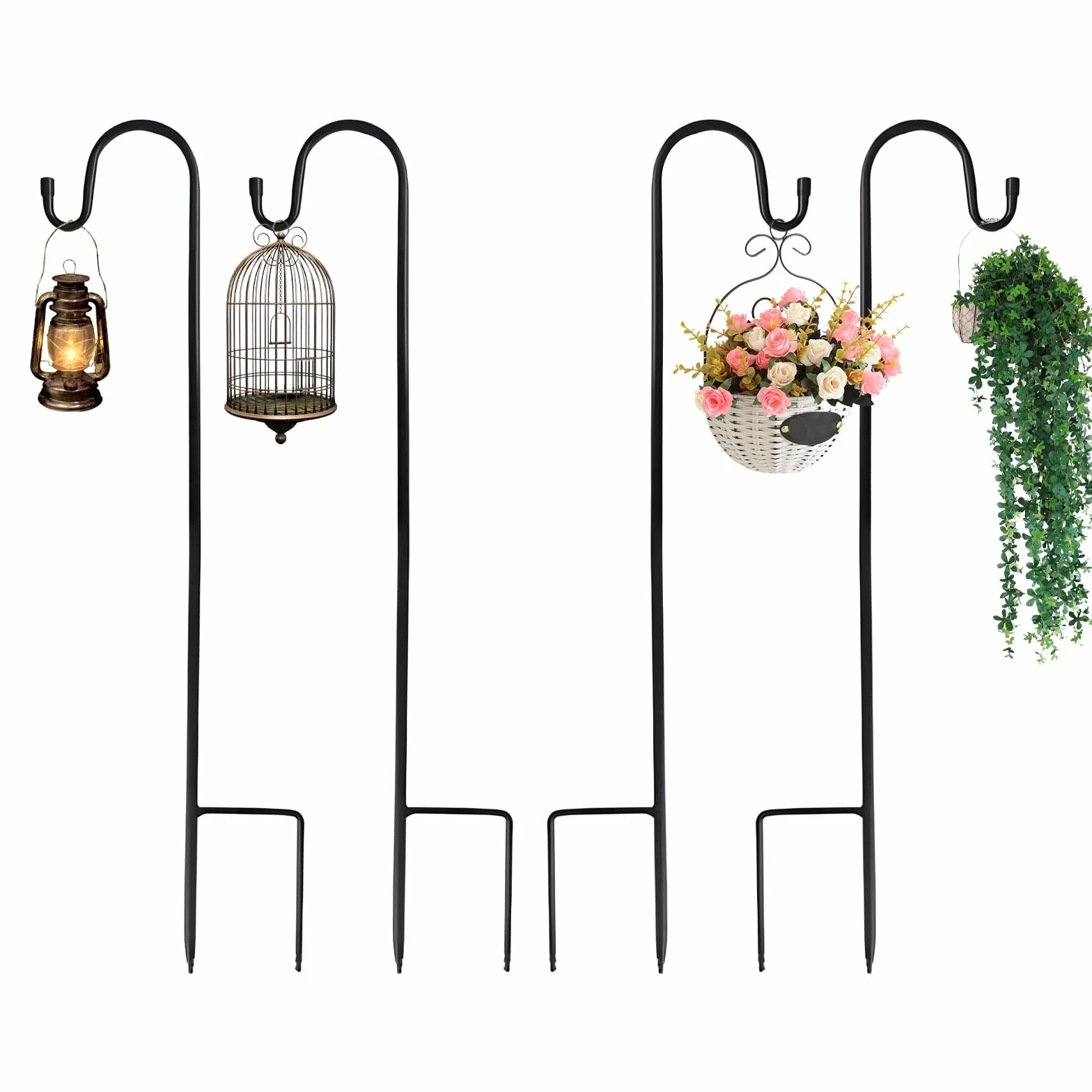 ACONDE Garden Haczyki pasterskie z ochroną przed rdzą do użytku na zewnątrz – 4 sztuki, 90 cm, metalowy kij pasterski z haczykami – dekoracja podwórka, słupek na latarnie do wiszących małych koszy na