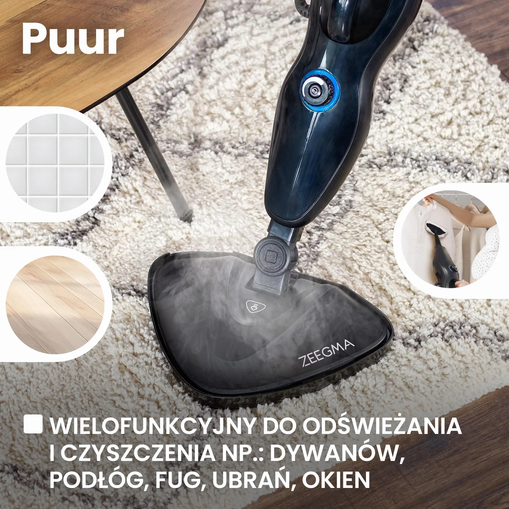ZEEGMA Puur mop parowy, funkcja myjki, regulacja strumienia pary, 19 ml/min, moc 1500 W, przewód 5 m, 2 filtry i 7 wymiennych końcówek w zestawie, wyjmowany zbiornik na wodę 370 ml