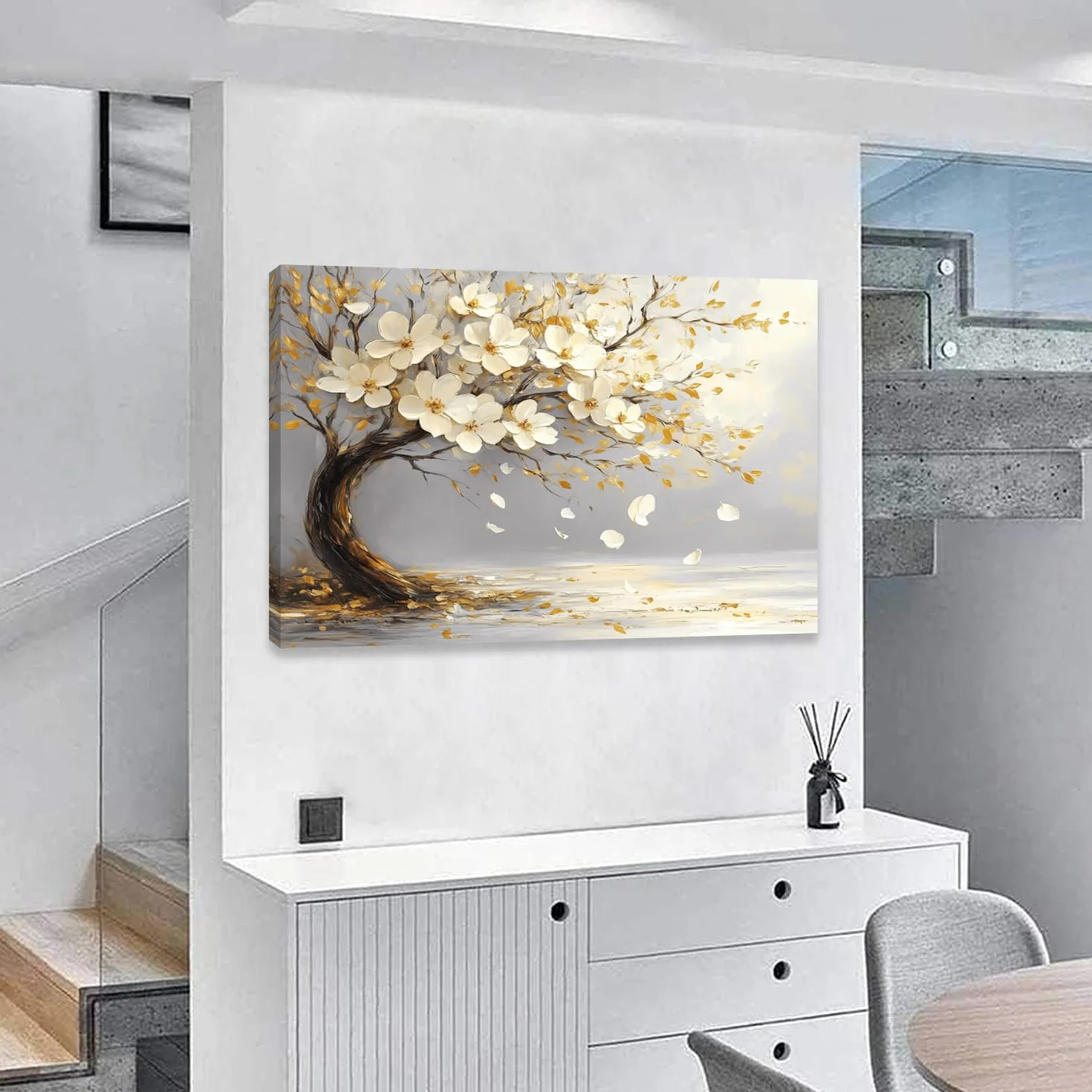 Piy Painting Obraz ścienny na płótnie, stare drzewa, obraz dekoracyjny, biały kwiat, plakat artystyczny, łatwy do zawieszenia do sypialni, salonu, kawiarni, studia jogi, 3 panele 58 x 40 cm/174 x 40