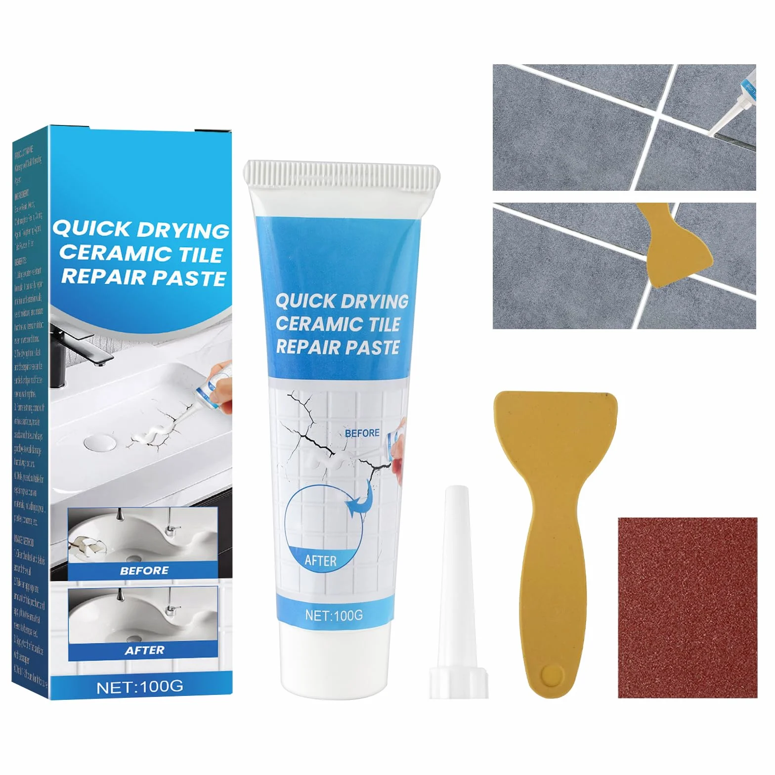 Zestaw naprawczy do płytek, biały, 100 g, ceramiczny, wodoodporny i szczelny zestaw naprawczy do naprawy zadrapań, dziur, pęknięć