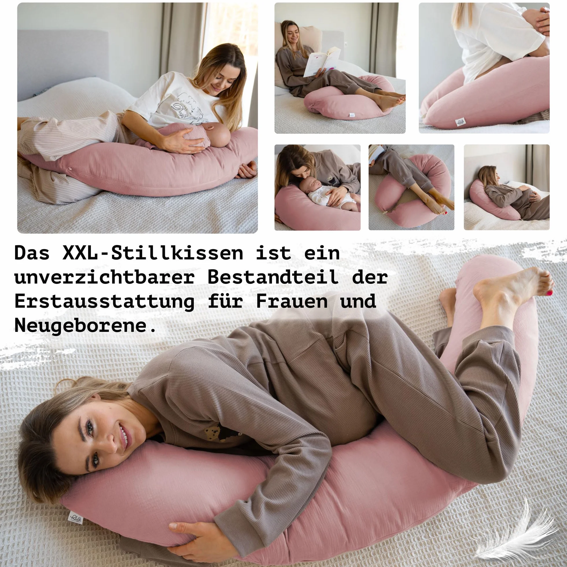 PaLulli® Ergonomiczna poduszka do karmienia XXL 190 x 30 cm, z poszewką z bawełny bio-muślinowej – idealna poduszka dla kobiet w ciąży i do spania na boku, komfort i wsparcie dla dorosłych i matek