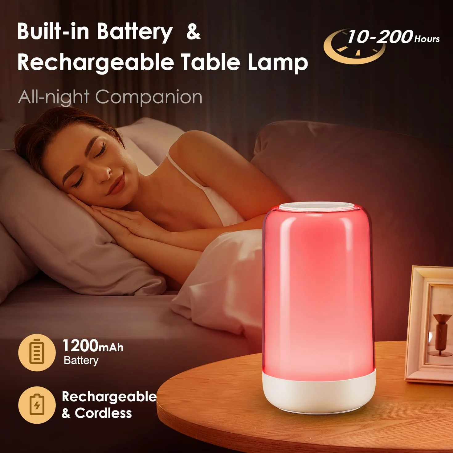 Lampka nocna do sypialni, 10 poziomów + 16 kolorów RGB, ściemnialna, dotykowa lampka nocna, 1200 mAh akumulatorowa lampka nocna