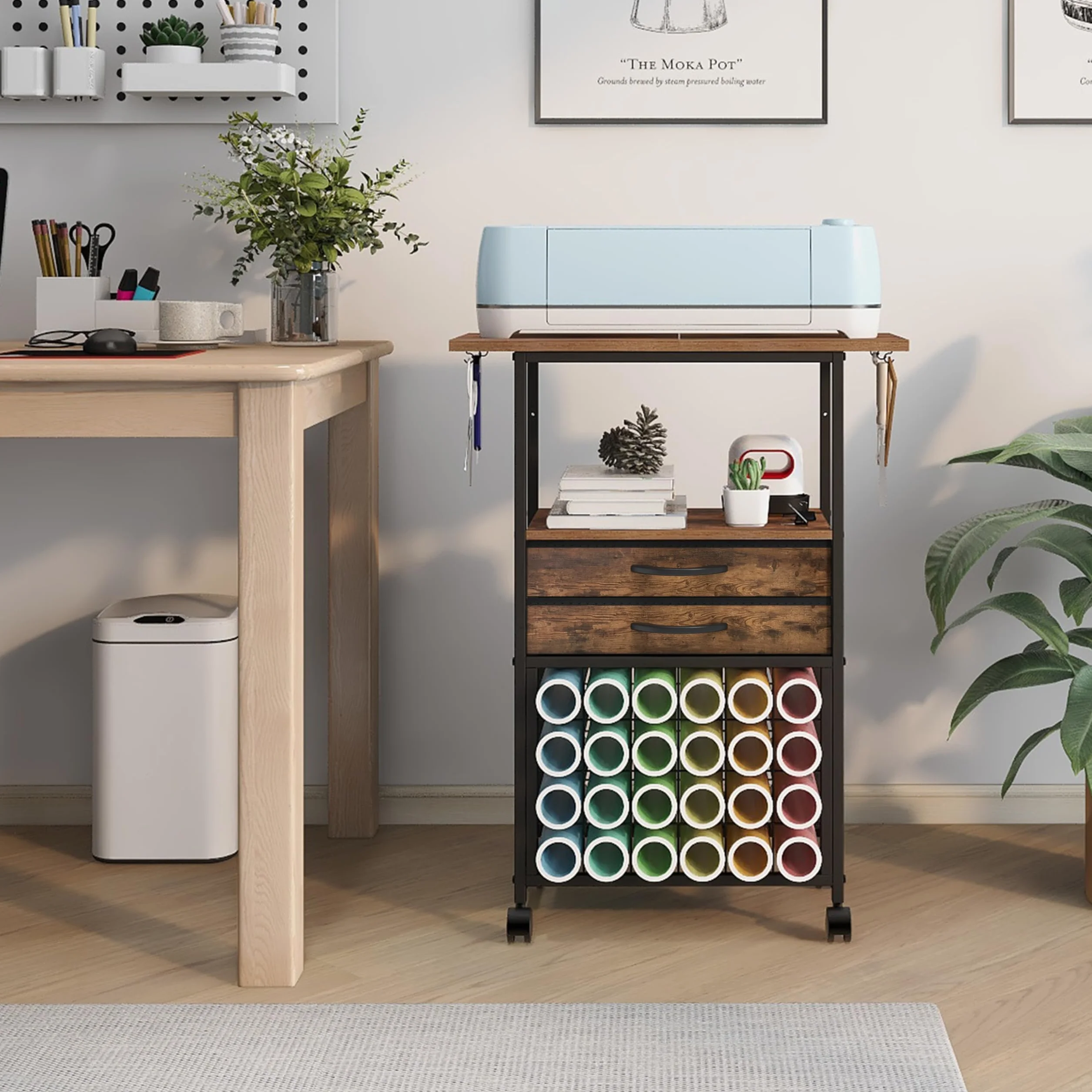 Trironsun Organisation Craft Cart kompatybilny z maszynami Cricut, zwijany organizer rzemieślniczy, 24 uchwyty na rolki winylowe, 2 szuflady materiałowe, do majsterkowania, pokoju rzemieślniczego