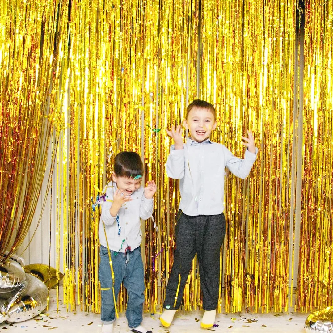 O-Kinee Złote zasłony z lamety, złote zasłony foliowe, 3 sztuki, 2,5 m, metaliczna zasłona na imprezę, urodziny, Ramadan, baby shower, wesele, imprezę, dekoracja