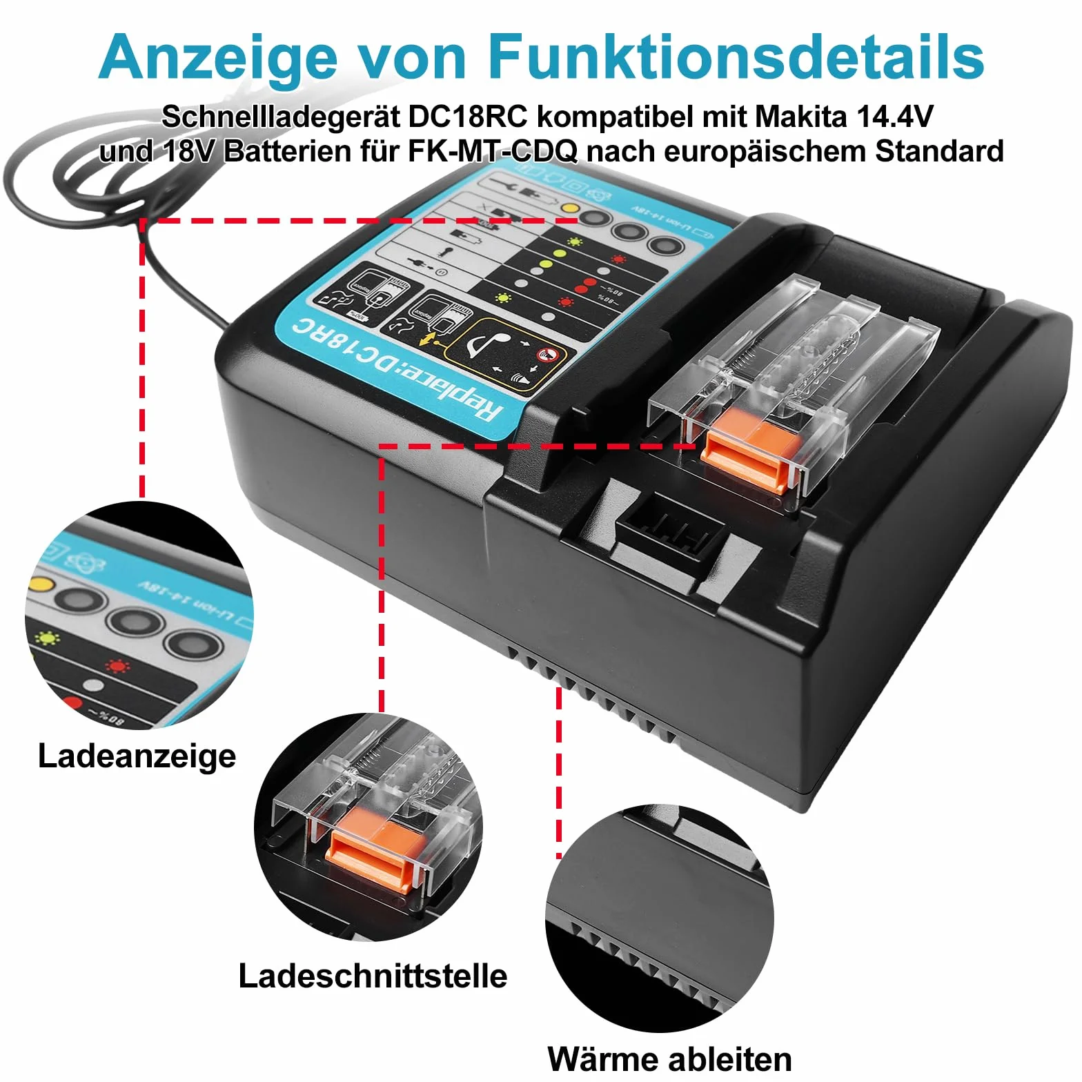 Ładowarka do akumulatorów 18V DC18RC Szybka ładowarka Kompatybilna z Makita 14,4 V i 18 V Li-Ion Zastępczy akumulator BL1815 BL1830 BL1840 BL1850 BL1860 BL1890 BL1415 BL1430 BL1440