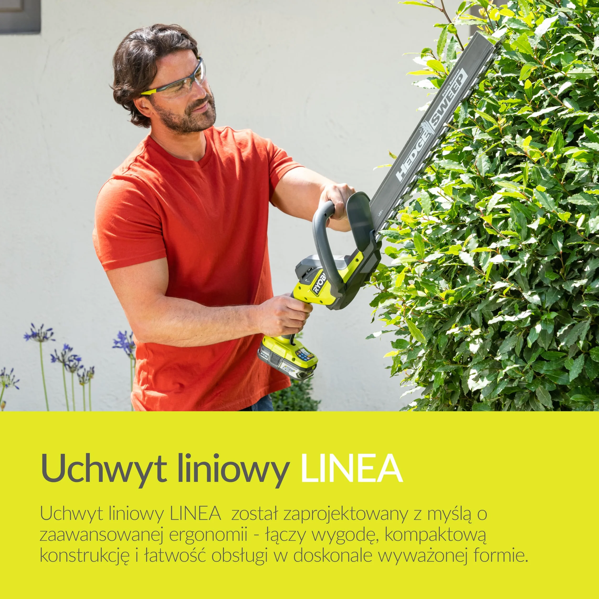 Ryobi Nożyce do Żywopłotu 18V RY18HT50A-0, Długość Ostrza 50 cm, Zakres Pracy 24 mm, 1350 obr/min, Ostrze Szlifowane Diamentowo, Wersja bez Akumulatora i Ładowarki