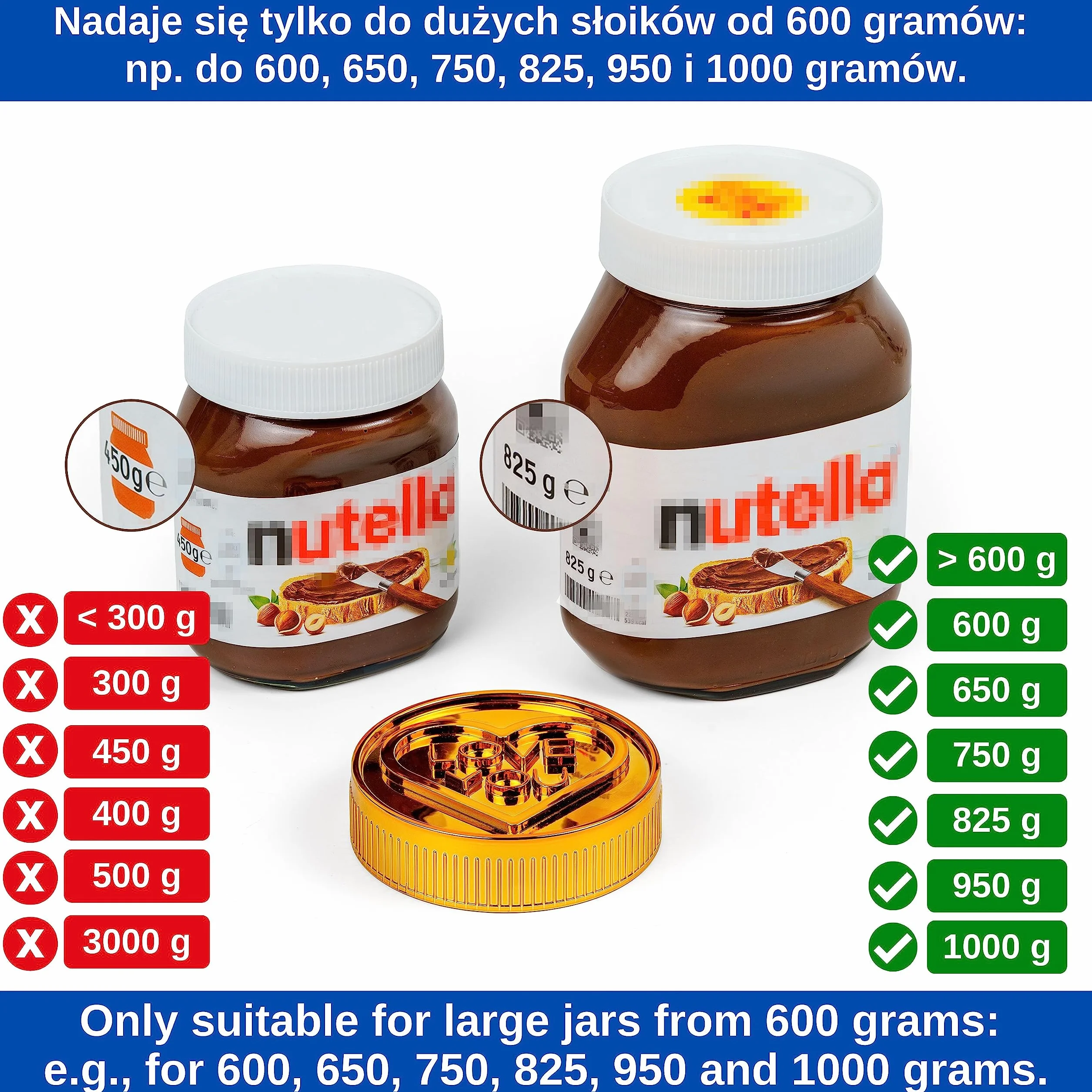 Pokrywka prezentowa LOVE YOU złota do słoika Nutella 600 g