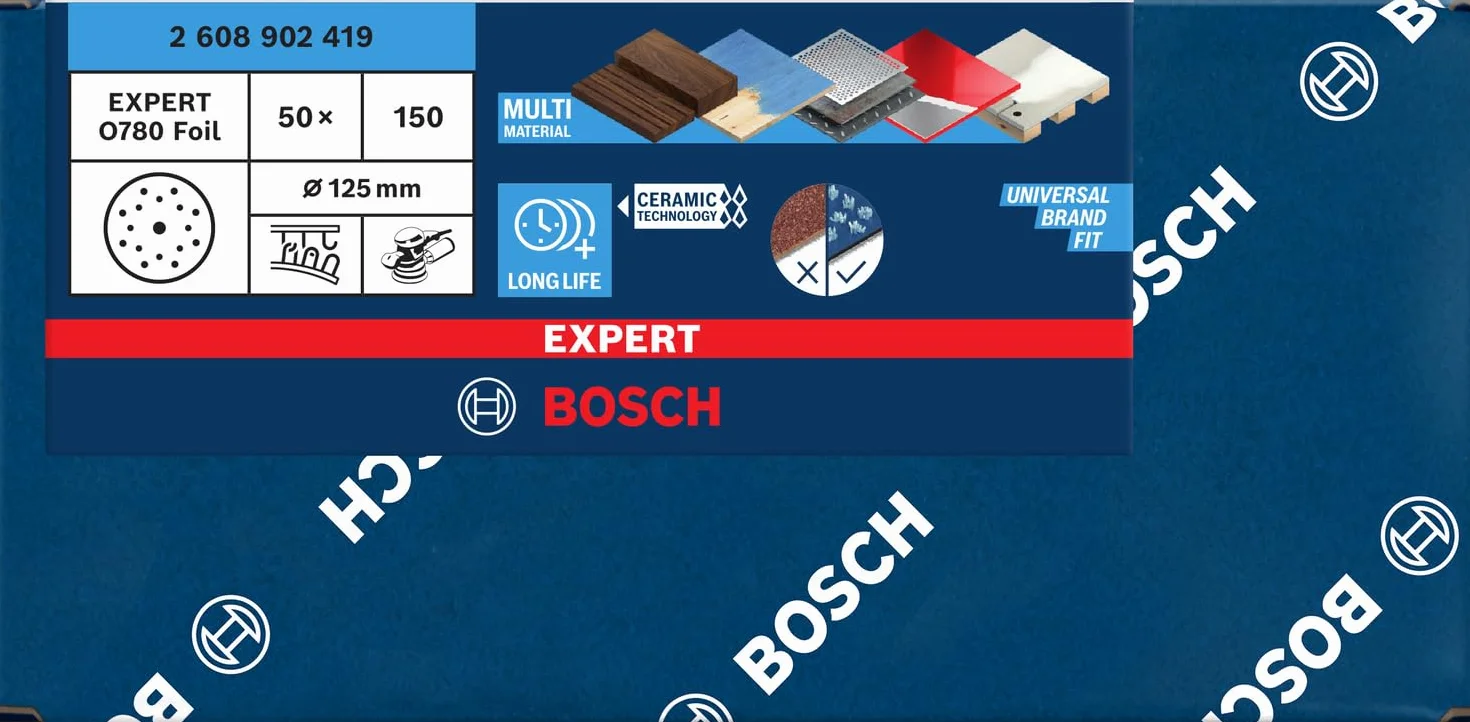 Bosch 55x EXPERT O780 tarcza szlifierska do folii, 125 mm (do twardego drewna, farba na drewnie, Ø 125 mm, ziarnistość 150, profesjonalne akcesoria szlifierka mimośrodowa)