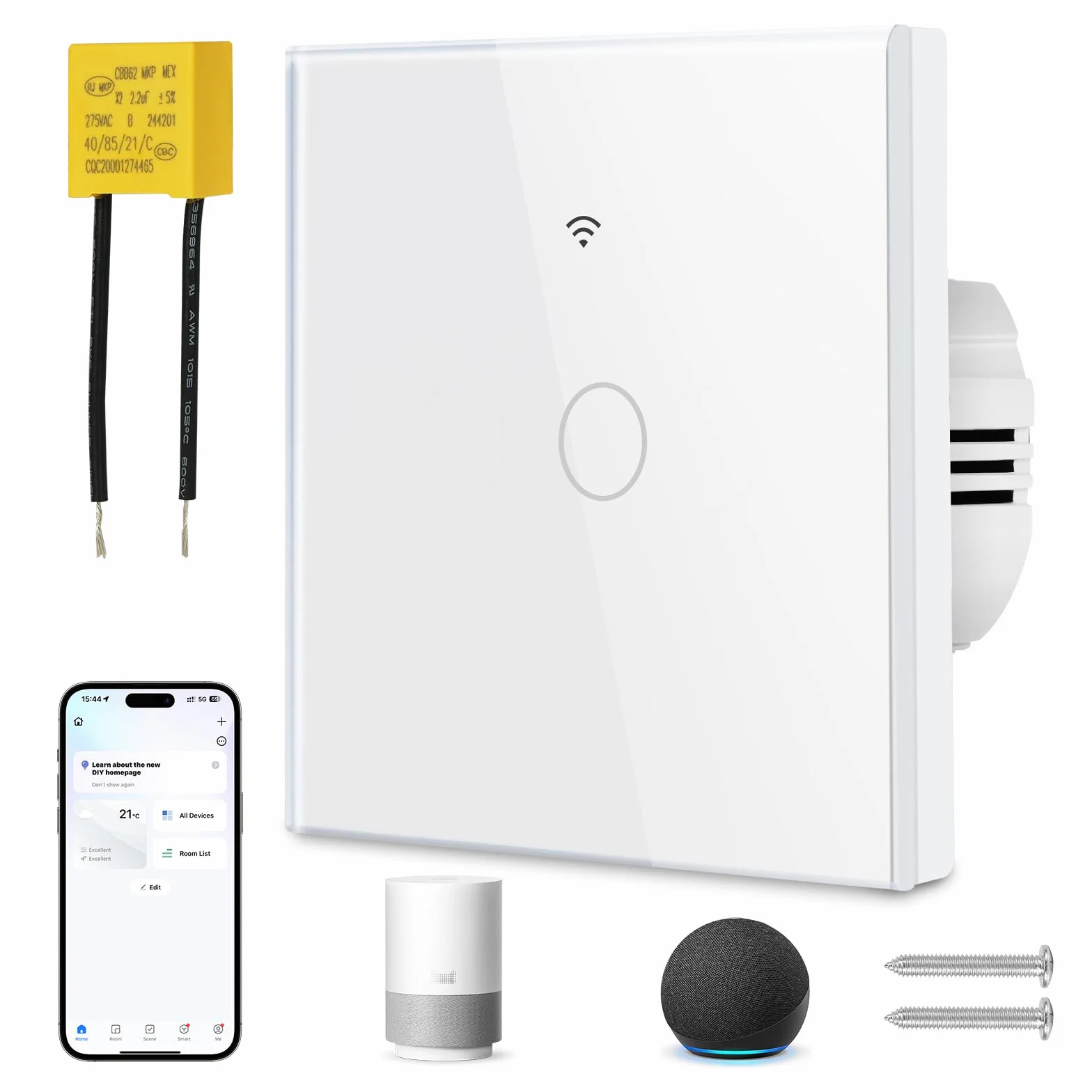 Ainiv Inteligentny włącznik światła WiFi, 1-drożny, 2,4 GHz, Alexa Google Home, obsługa aplikacji Tuya, sterowanie głosem, szkło hartowane, dotykowa rama, przełącznik ścienny, podtynkowy, biały