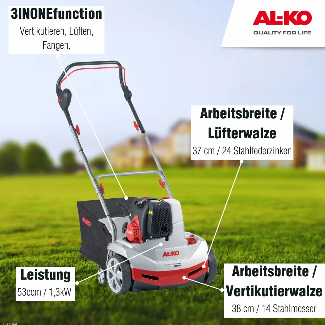AL-KO Wertykulator spalinowy Combi Care 38 P Comfort (szerokość robocza 38 cm, moc silnika 1,3 kW, funkcja 3INONE), w zestawie kosz na trawę, do powierzchni do 1200 m²)