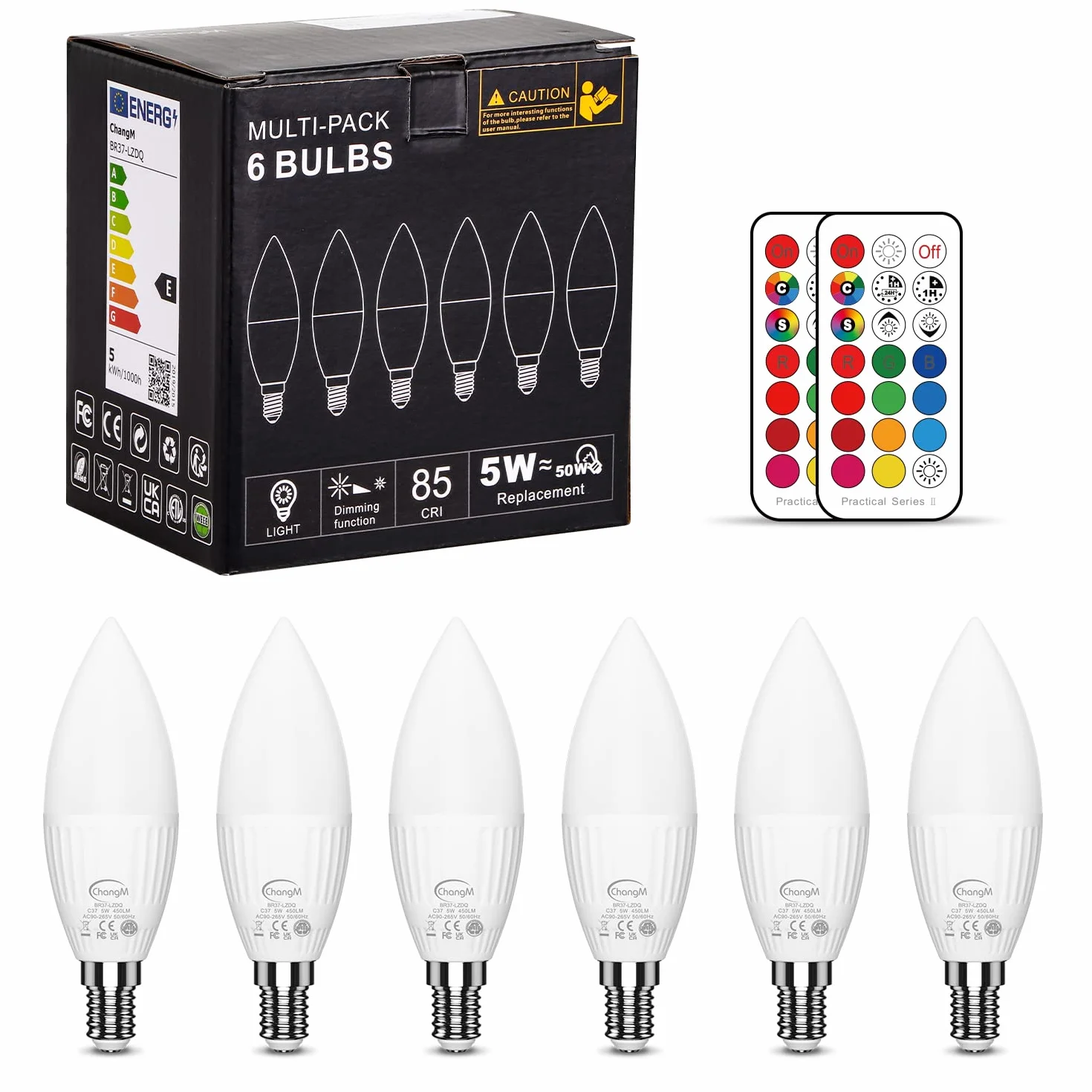 ChangM Lampa LED E14 RGBW 2700 K zestaw 6 diod LED zmieniających kolor żarówki 5 W (zastępuje 40 W), możliwość przyciemniania kolorów żarówki LED, zmiana kolorów z pilotem zdalnego sterowania, RGB i