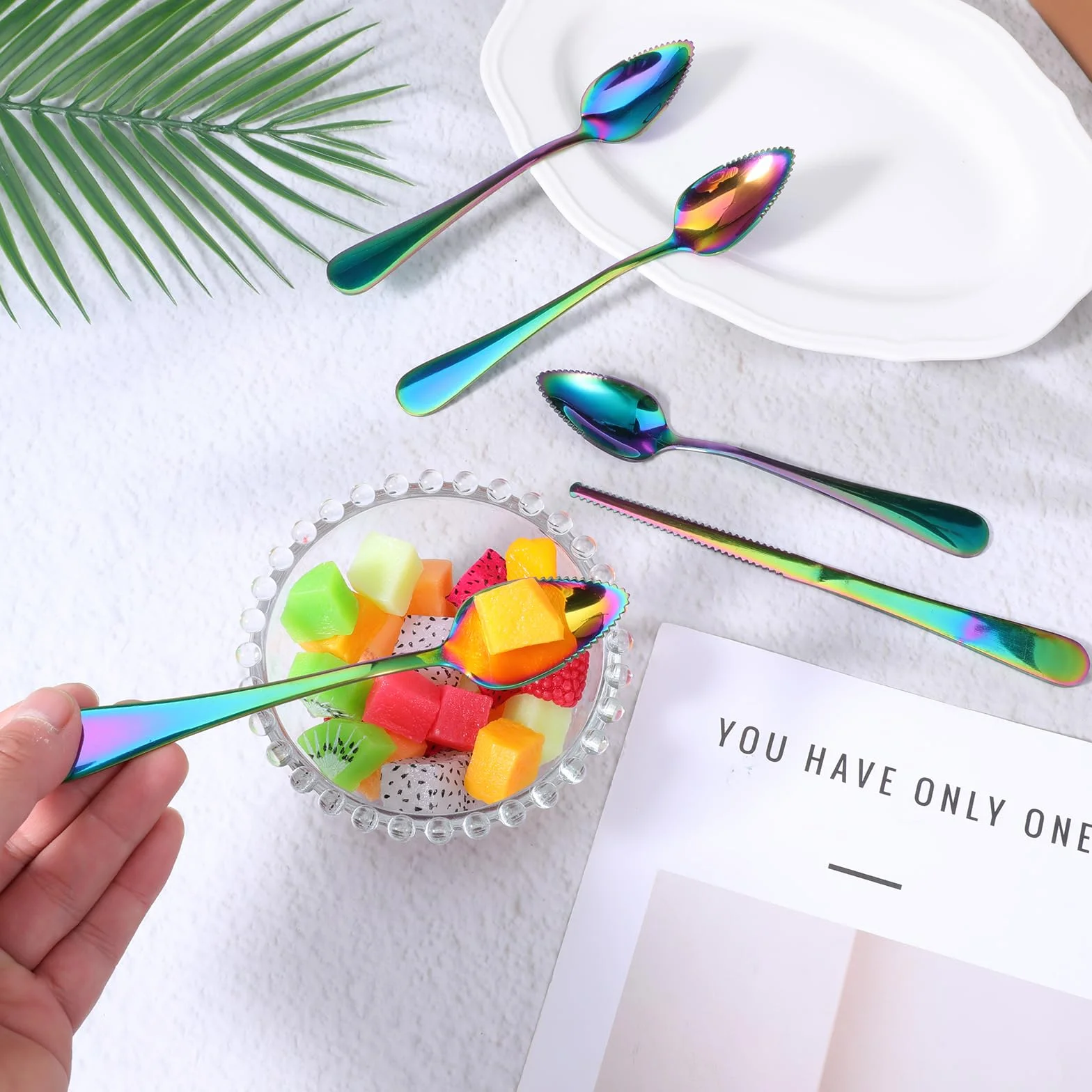 5-częściowy zestaw łyżek grejpfrutowych ze stali nierdzewnej i 1 nóż do grejpfruta, kiwi, łyżka, ząbkowane krawędzie, łyżka do owoców kiwi, jagód, grejpfrutów, jabłek (kolor tęczy)