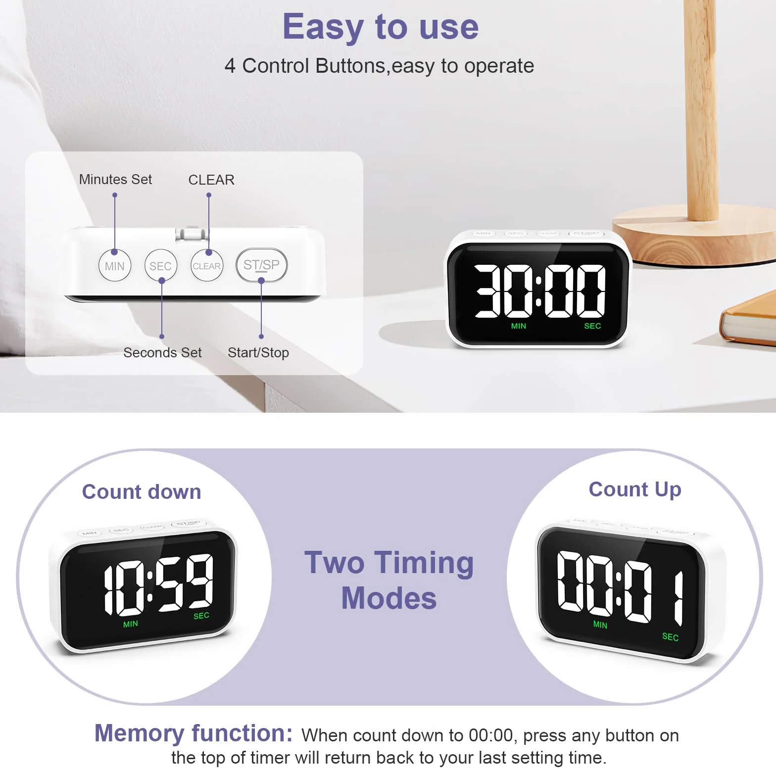 Cyfrowy timer, odliczanie czasu/odliczanie, magnetyczny cyfrowy minutnik kuchenny z dużym wyświetlaczem LCD, stoper do nauki, gotowania, sportu, 3-stopniowa głośność, do 99 min, 59 sekund
